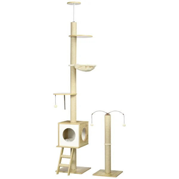 Height Adjustable Chipboard Cat Tree with Scratching Post, House, Hammock and Ball, 40x40x225-285 cm