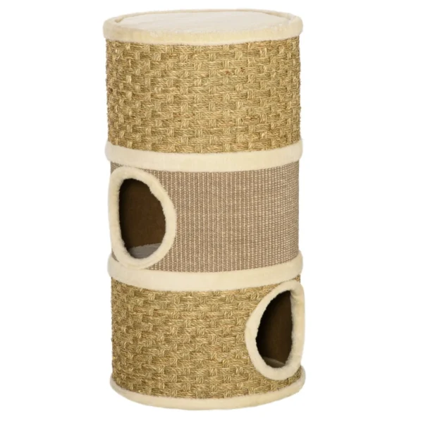 Cat House Cat Scratching Post Tower with 3 Niches, Sisal Rope and Seaweed, Plush Edge, Khaki and Brown