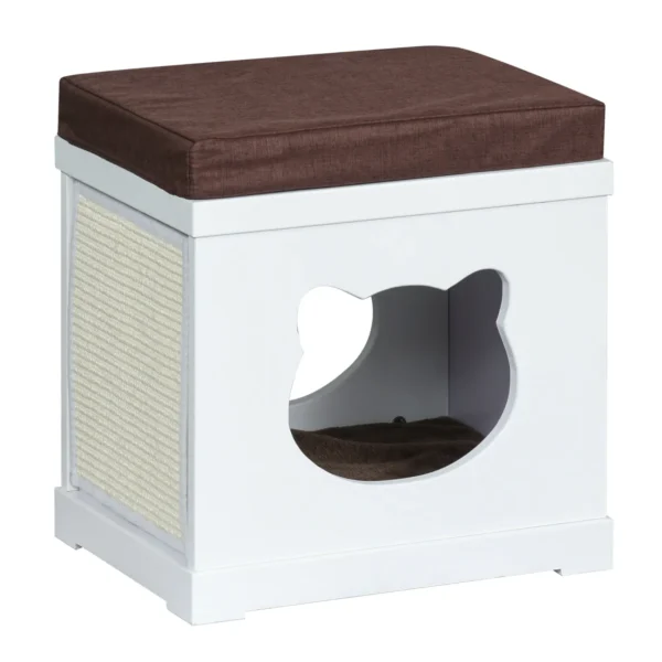 Wooden Cat House with 2 Pillows and Removable Scratching Post, White and Brown, 41x30x36cm