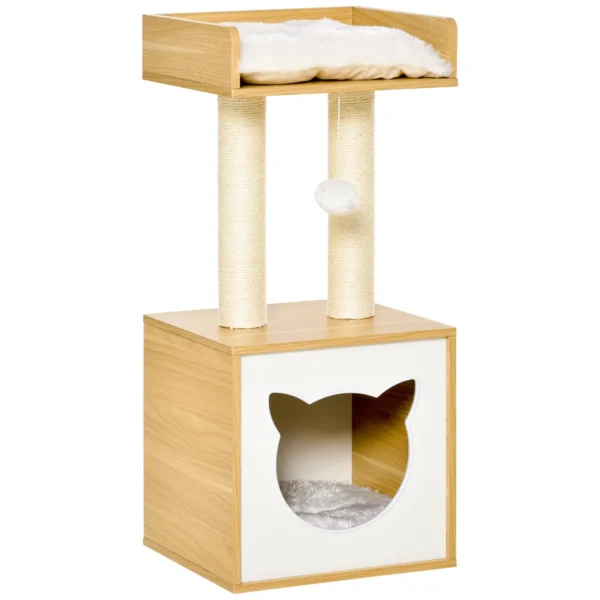 Cat Tree for cats with Scratch Pole in Sisal, washable cushions and ball, 35x35x81cm, oak
