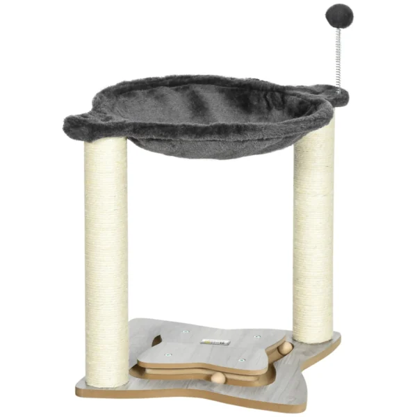 Cat Scratching Post with Plush Hammock, Wooden Base with Toy and Sisal Poles, 53.55x53. 5x66cm, Grey