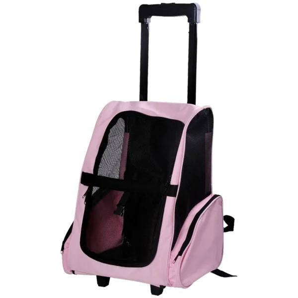 2 in 1 Dog and Cat Carrier Backpack with Side Pockets, Telescopic Handle and Wheels, 42x25x55cm, Pink