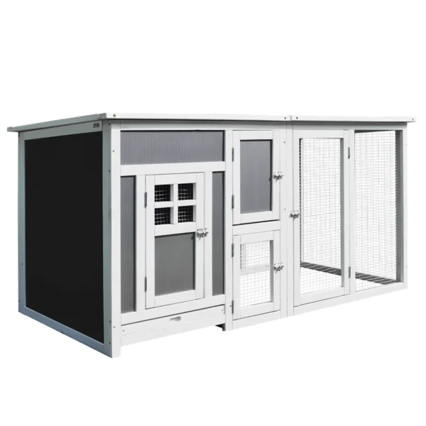 Wood Chicken Coop Hutch Hen House Cage PC Roof w/ Run Nest Box Deluxe 160 x 75 x 80 cm, Grey and white