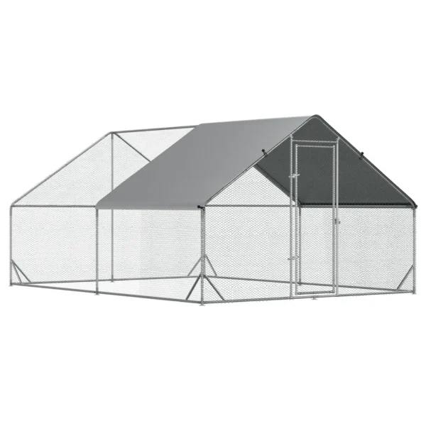 Garden Chicken Coop with Galvanized Frame, Waterproof Cover and Hexagonal Netting, 3x4x2 m, Silver