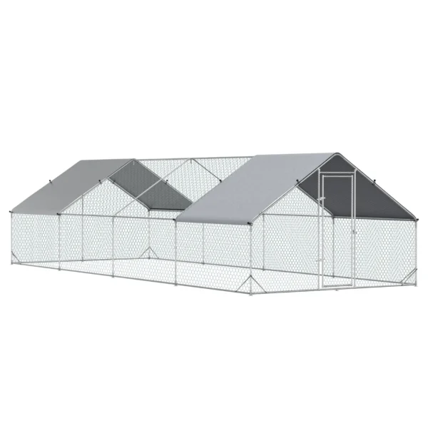 Garden Chicken Coop with Galvanized Frame, Waterproof Cover and Hexagonal Netting, 3x8x2m, Silver