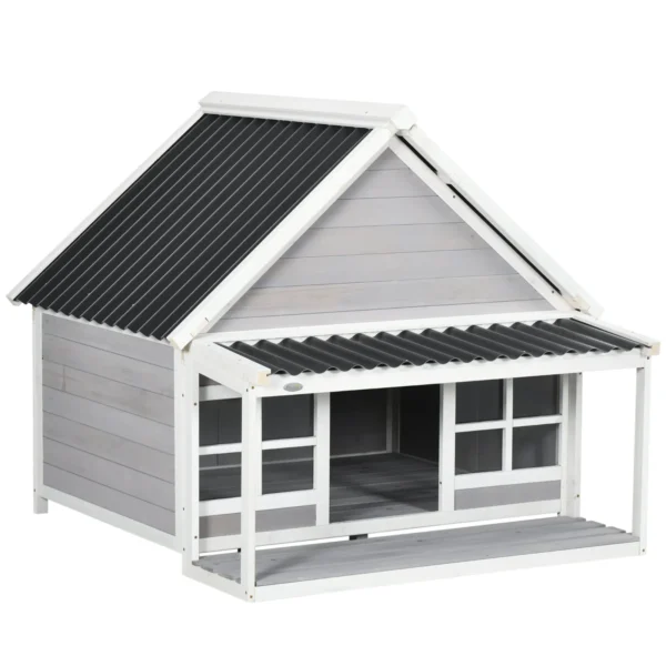 Outdoor Dog Kennel in Wood and PVC with Porch and Windows, 126x118x105cm, Grey
