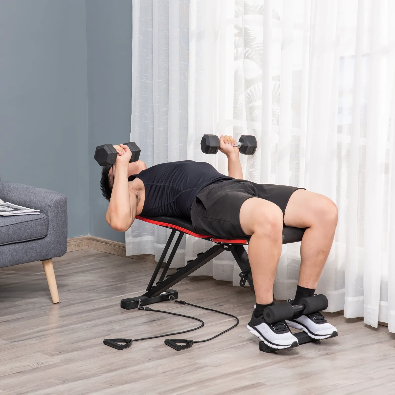 Multifunctional Abdominal and Weight Bench, Adjustable Incline and Elastic Bands, 130x48x48-109cm, Black - Image 2