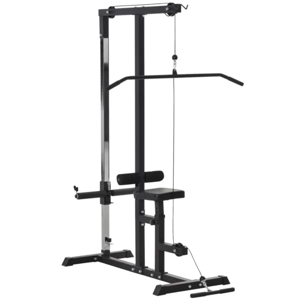 Fitness Pull Down Station for gym in the house with bench and adjustable cable - black