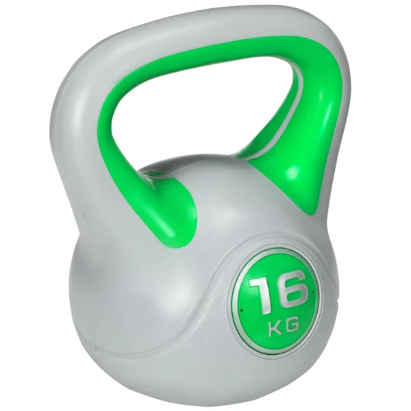 Kettlebell 16kg in PU and Sand with Flat Base and Handle for Deadlifts, Squats and Lifts, 26x18x32 cm, Green