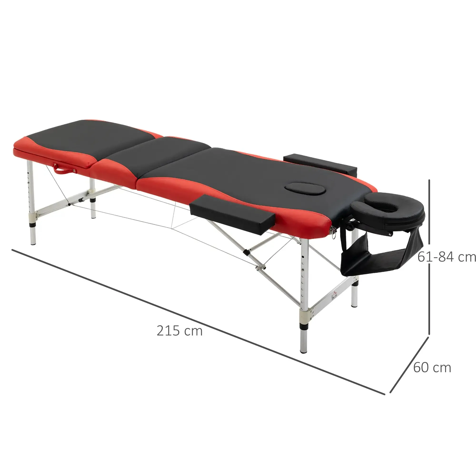 Foldable Massage and Beauty Table with Adjustable Height, Professional Massage Bed in Aluminum and Plastic, 215x60x61-84 cm, Black and Red - Image 2