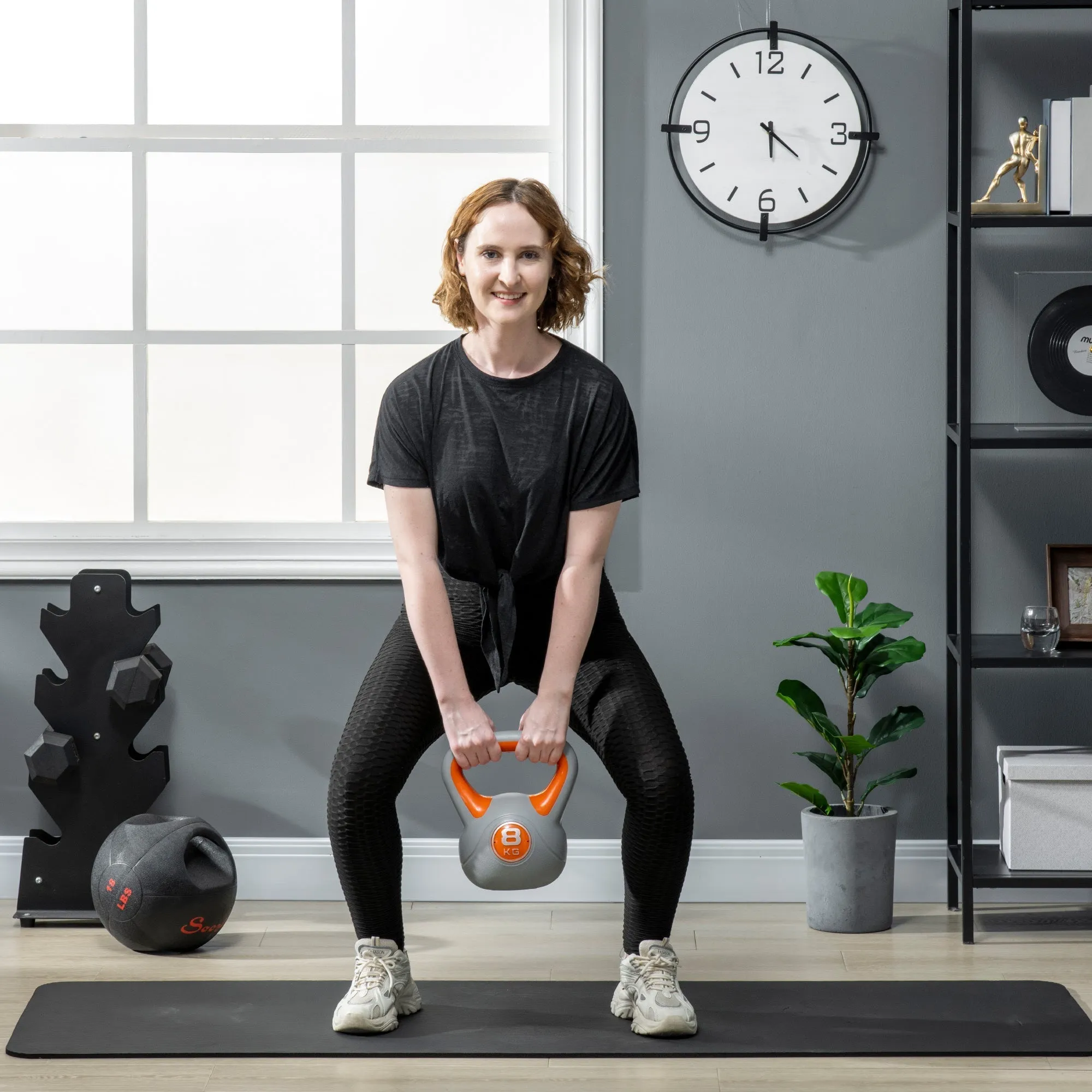 Kettlebell 8kg in PU and Sand with Flat Base and Handle for Deadlifts, Squats and Lifts, 20x14x24 cm, Orange - Image 2