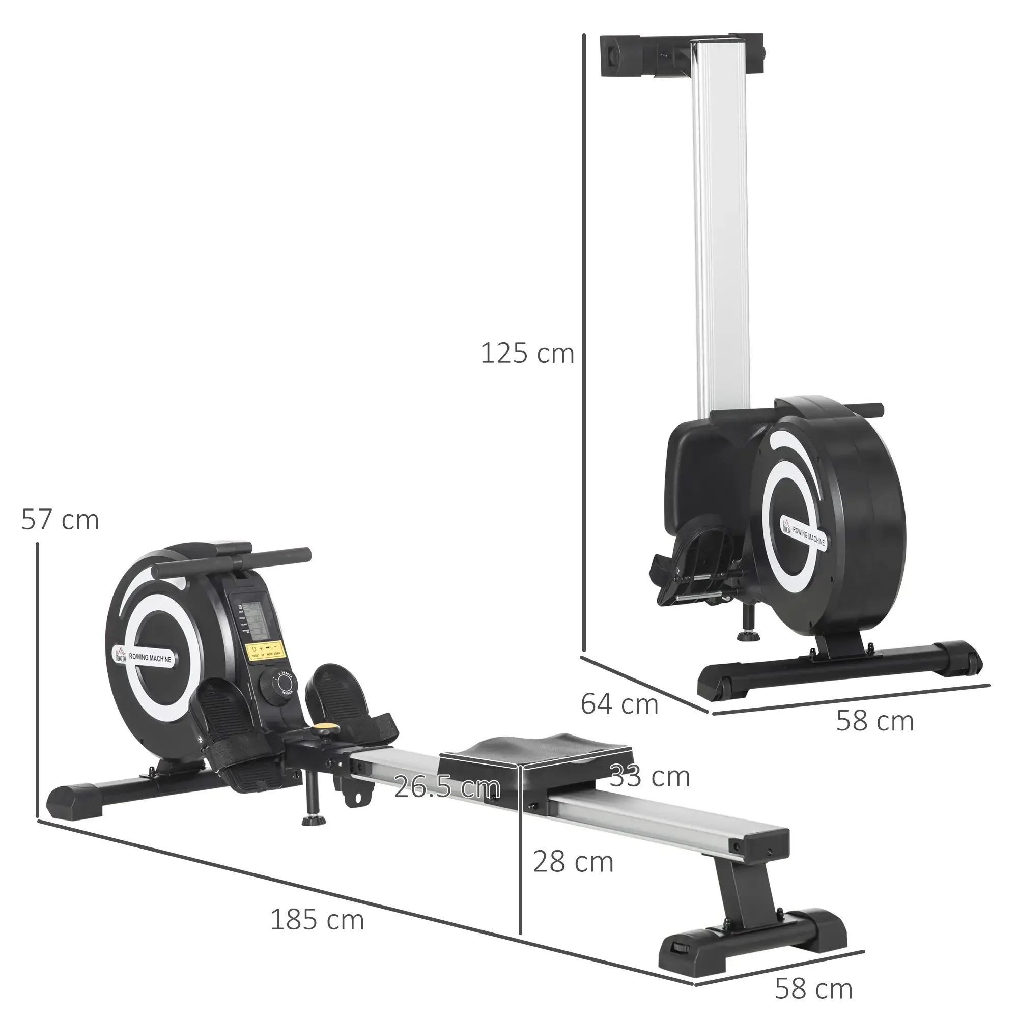 Folding Magnetic Rowing Machine for Home Training, 8-Level Adjustable Flywheel and LCD Monitor, 185x58x57cm, Black - Image 2