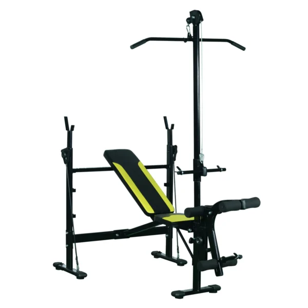 Multifunction bench fitness station with adjustable backrest on 3 levels support legs and upper bar - black