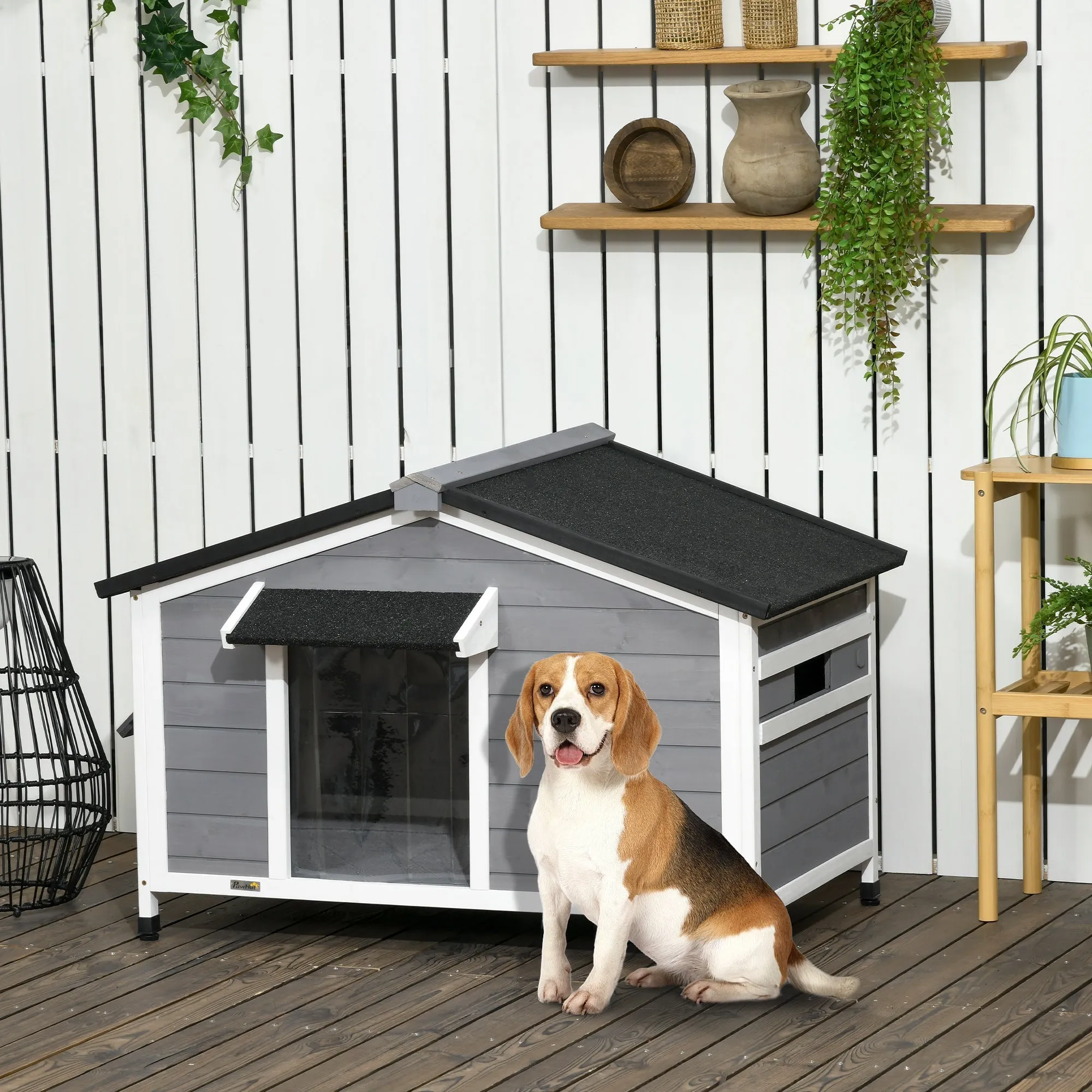 Wooden Dog House with Raised Design, Protective Tent and 2 Windows, 109x79x72 cm - Image 2