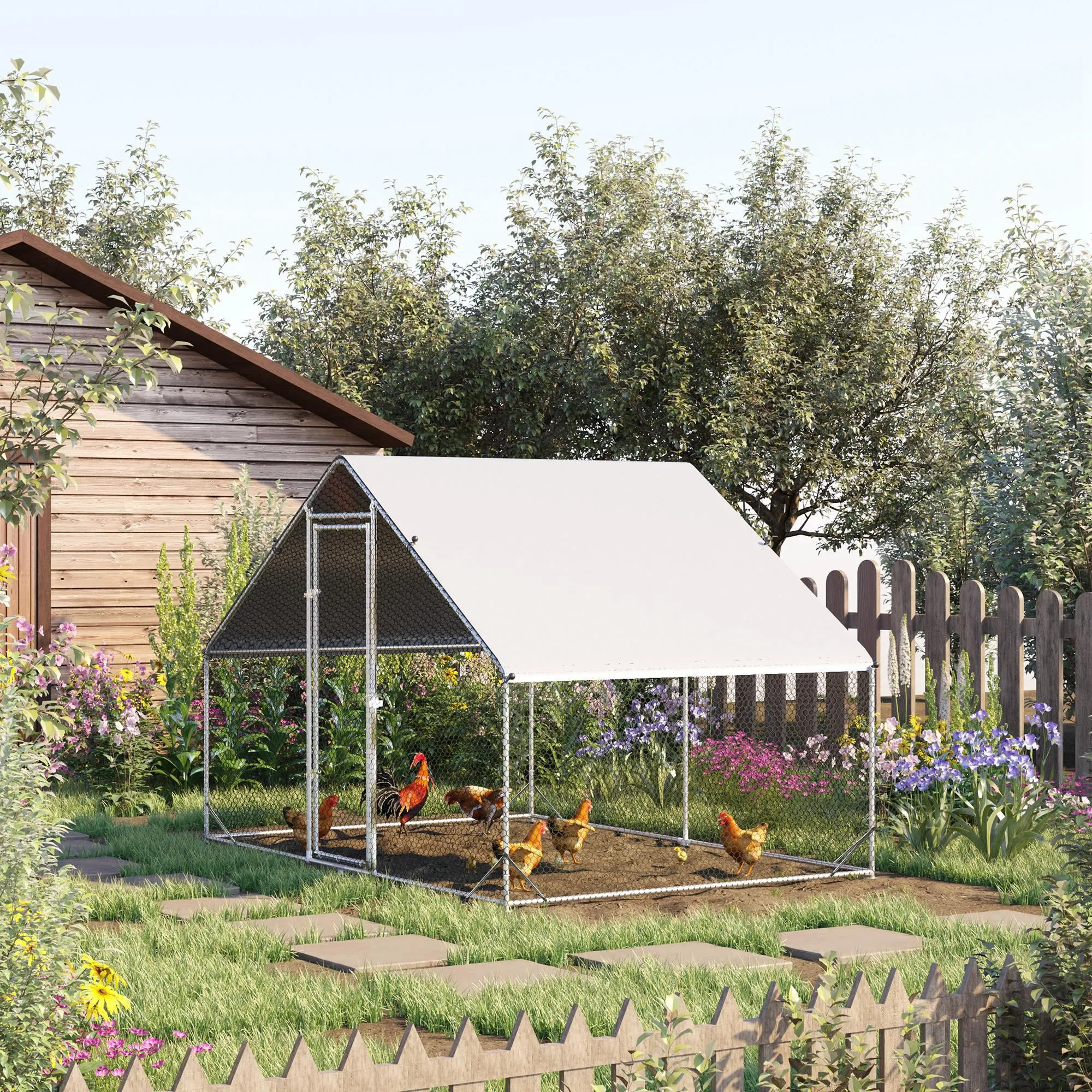 Garden chicken coop with galvanized frame, waterproof coverage and hexagonal network, 3x2x2m, silver - Image 2