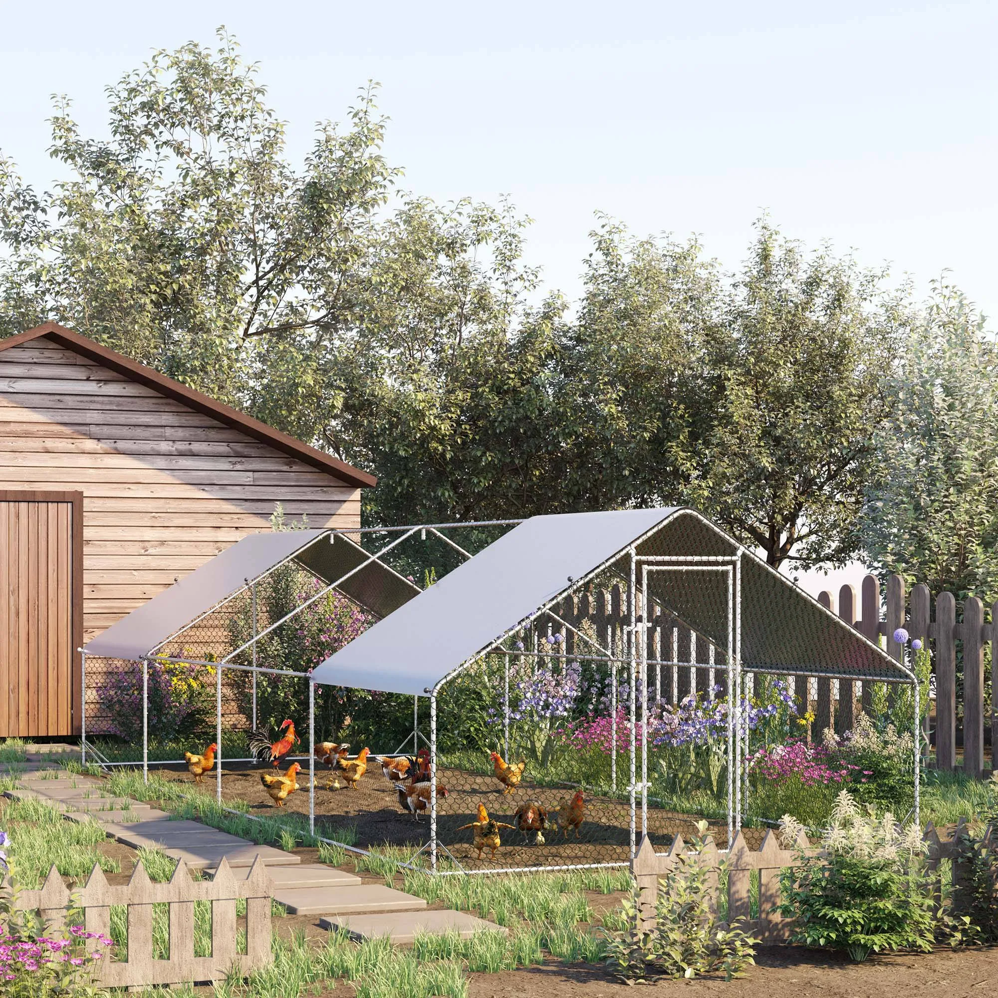 Garden Chicken Coop with Galvanized Frame, Waterproof Cover and Hexagonal Netting, 3x8x2m, Silver - Image 2