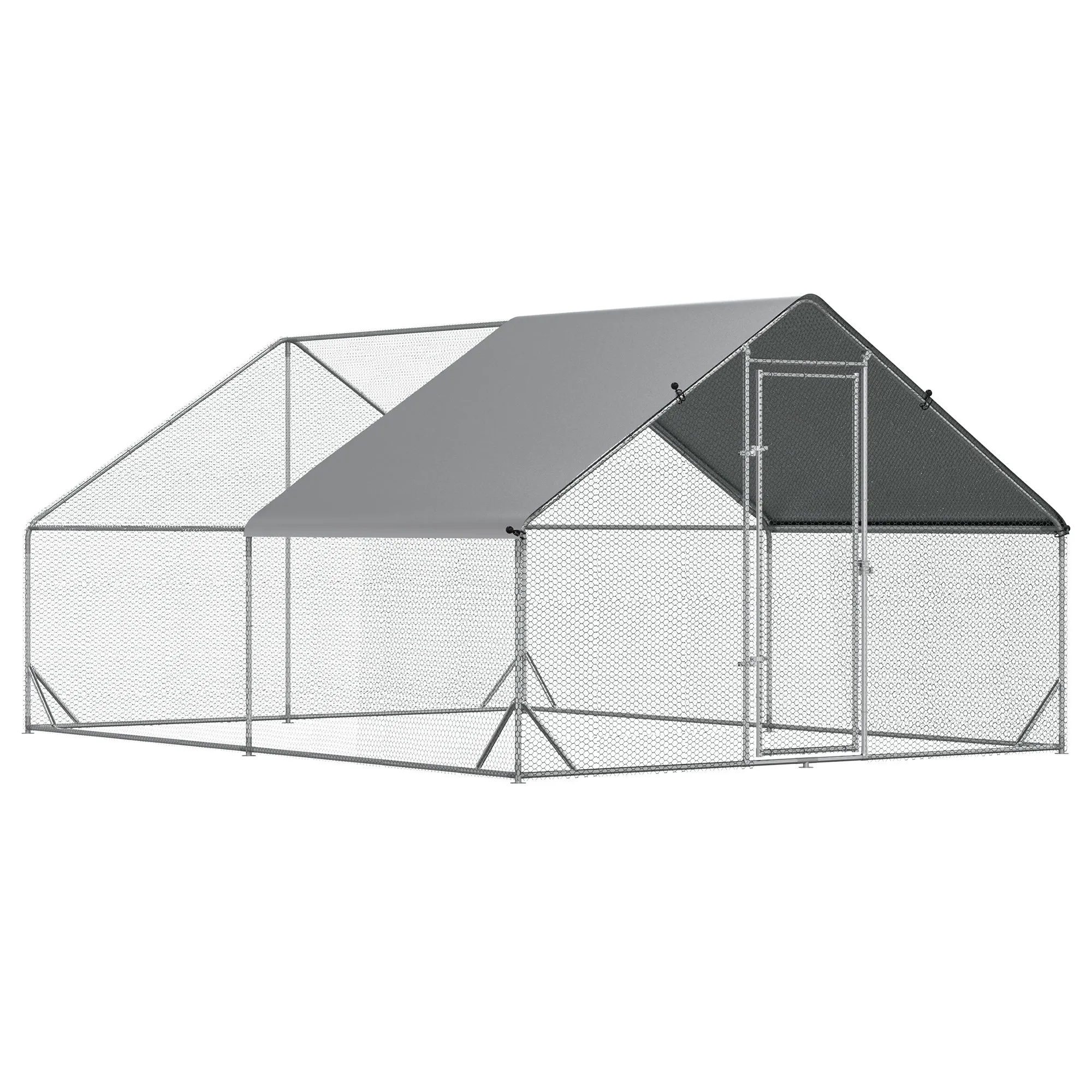 Garden Chicken Coop with Galvanized Frame, Waterproof Cover and Hexagonal Netting, 3x4x2 m, Silver
