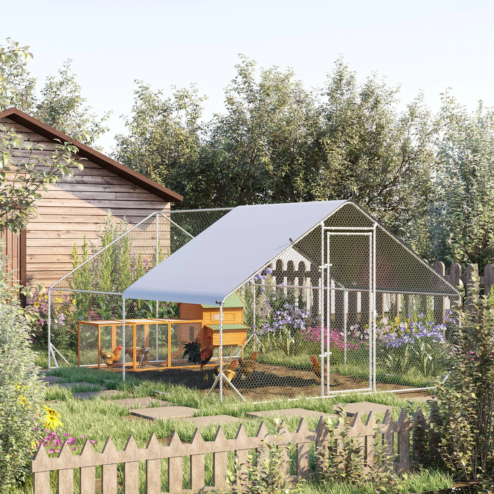 Garden Chicken Coop with Galvanized Frame, Waterproof Cover and Hexagonal Netting, 3x4x2 m, Silver - Image 2