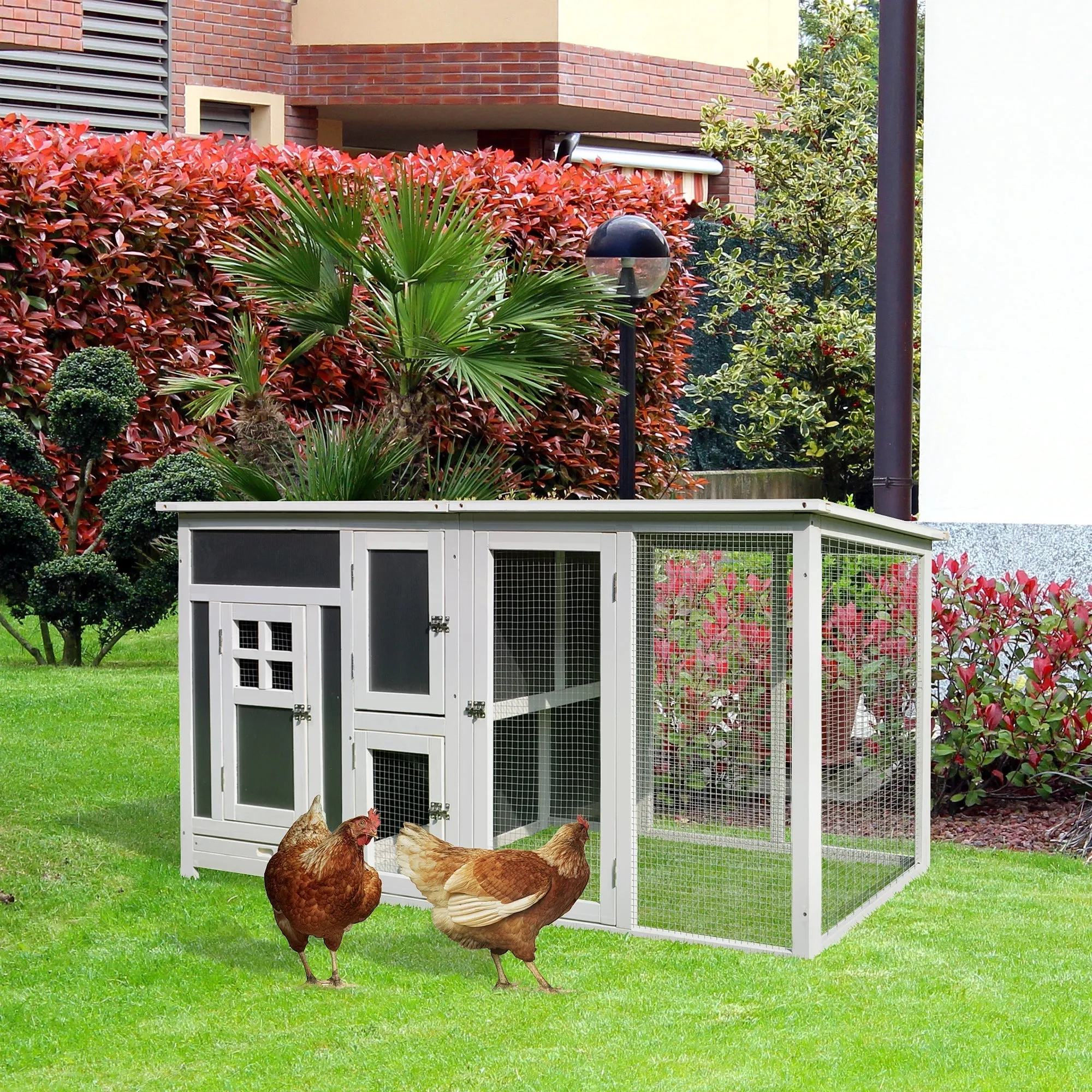 Wood Chicken Coop Hutch Hen House Cage PC Roof w/ Run Nest Box Deluxe 160 x 75 x 80 cm, Grey and white - Image 2