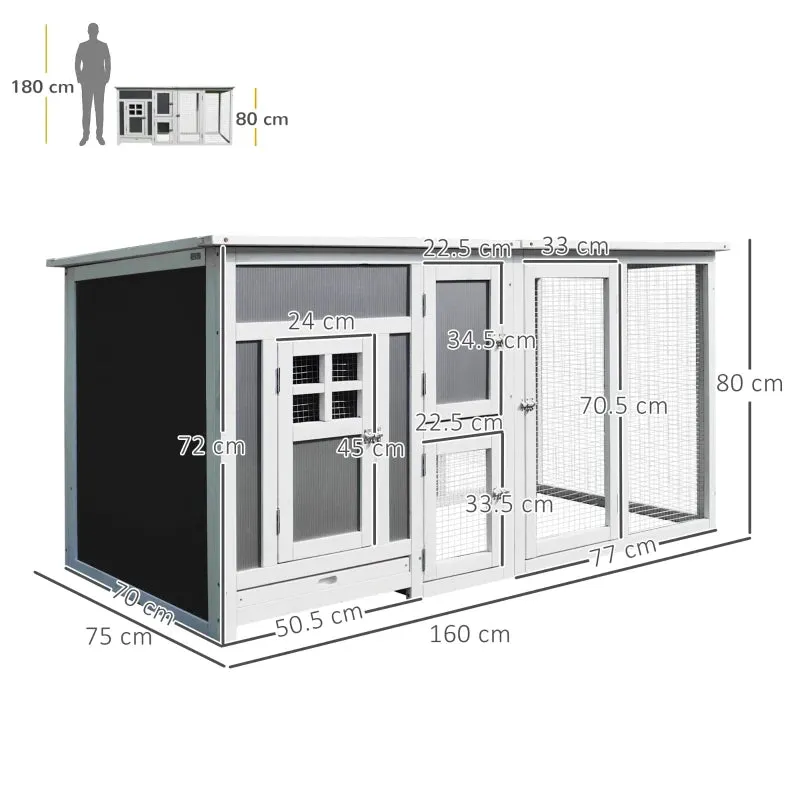 Wood Chicken Coop Hutch Hen House Cage PC Roof w/ Run Nest Box Deluxe 160 x 75 x 80 cm, Grey and white - Image 3