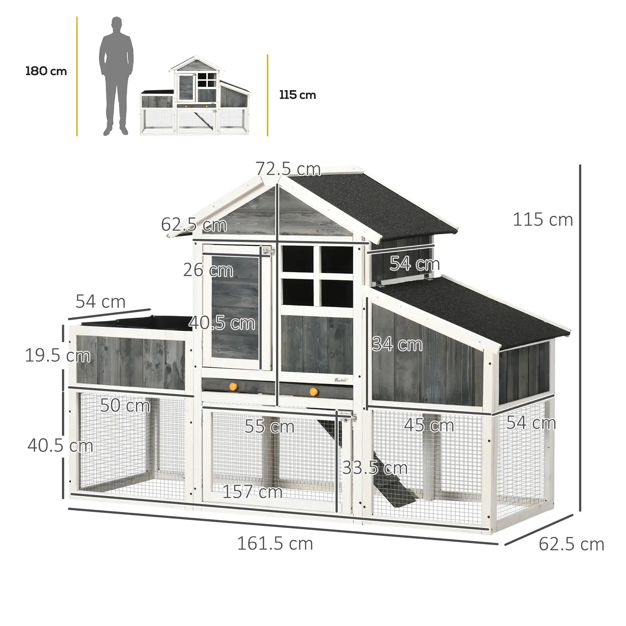 Wooden Chicken Coop with Open Area, House and Nest, 161.5x62. 5x115cm, Grey - Image 2