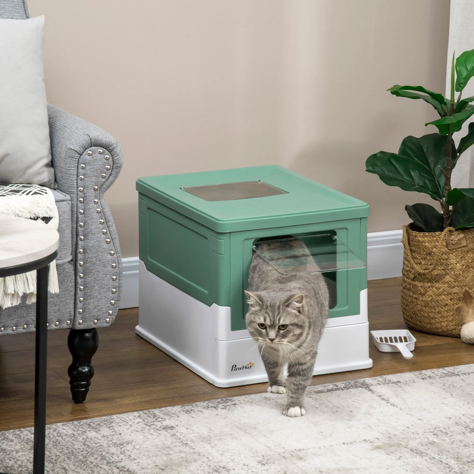 Enclosed Cat Litter Box with Scoop, Removable Tray and 2 Doors, 47.5x35. 5x36.7cm, Green - Image 2