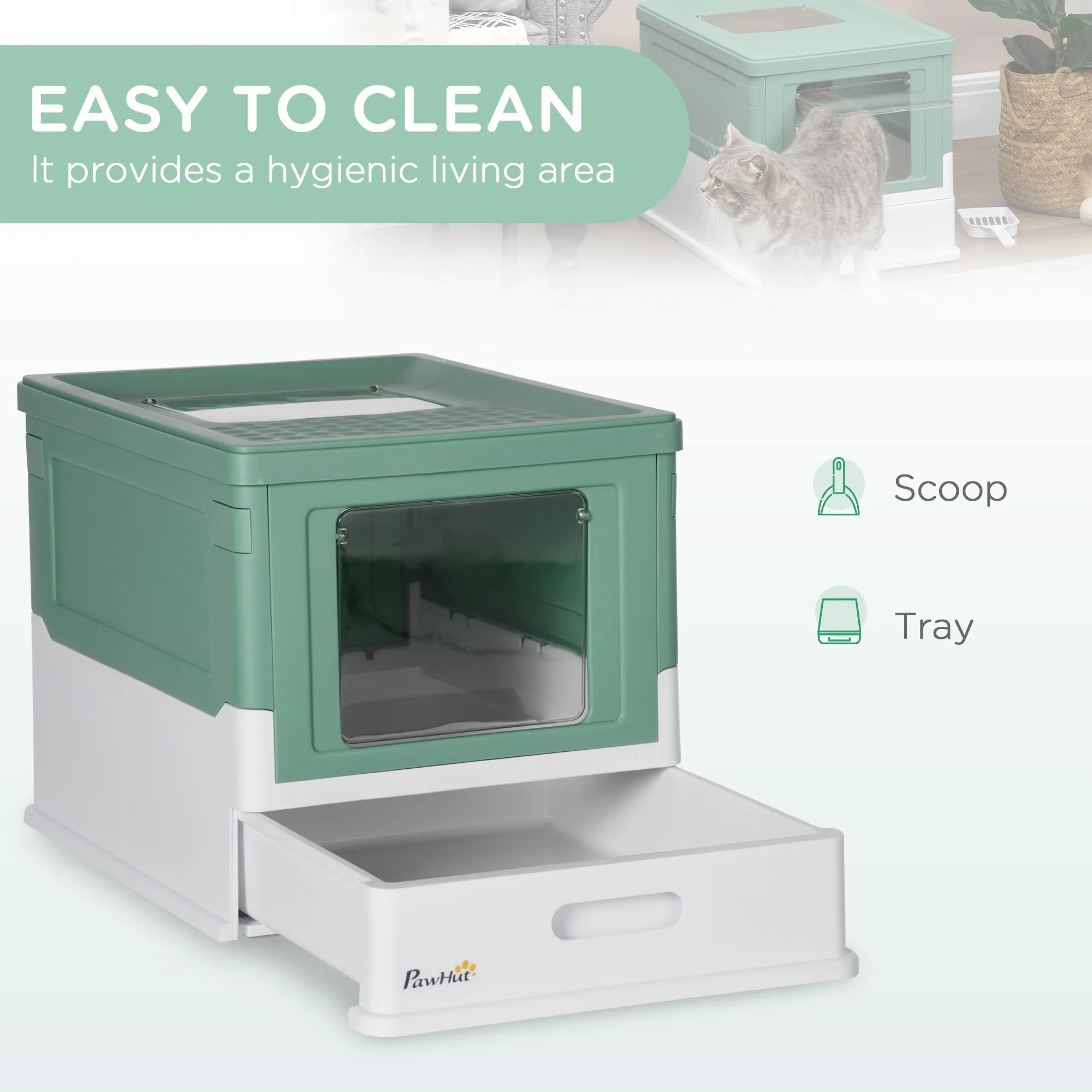 Enclosed Cat Litter Box with Scoop, Removable Tray and 2 Doors, 47.5x35. 5x36.7cm, Green - Image 3