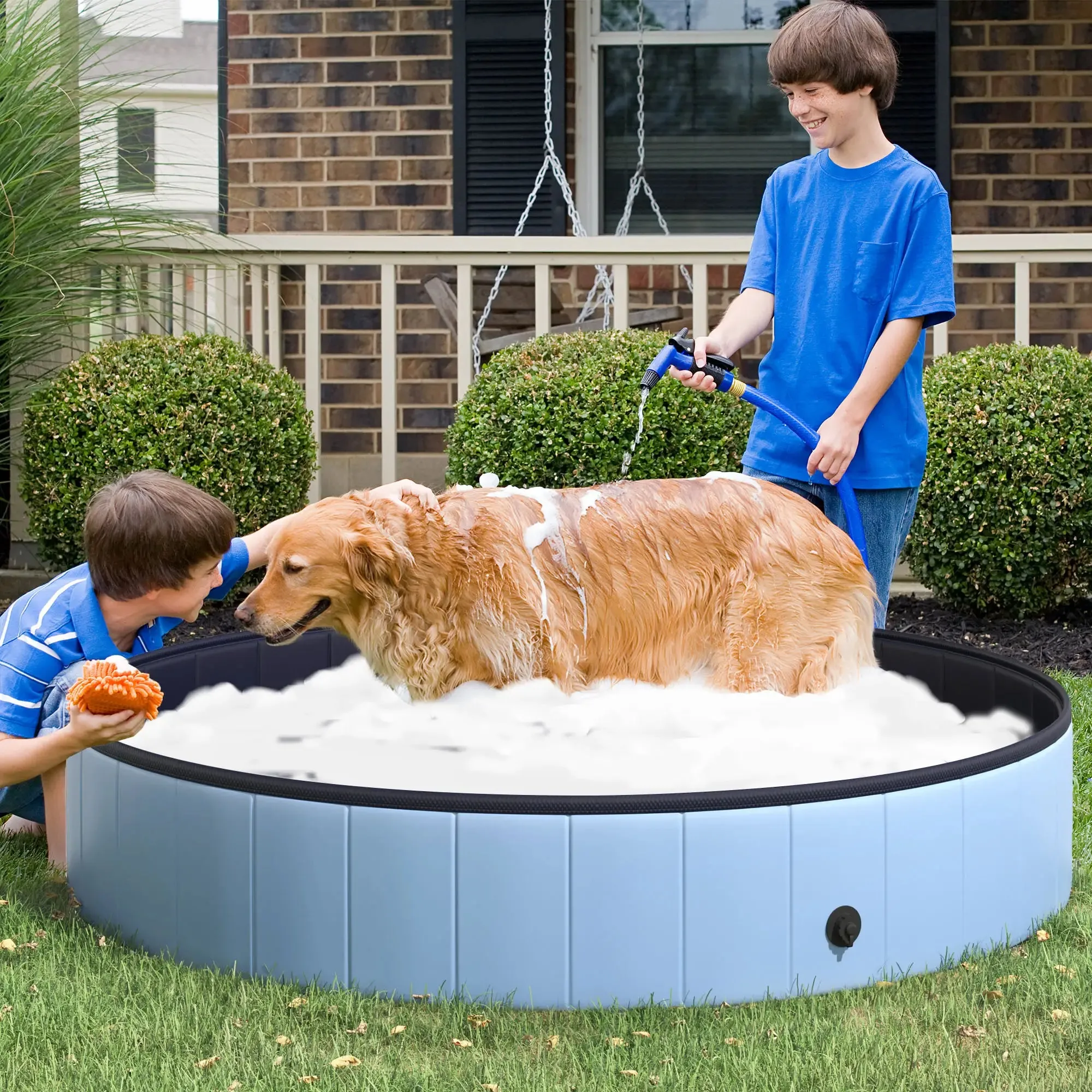 Portable Folding Dog Bathtub Pool Pet Bath Tub in PVC Blue Φ160 x 30cm - Image 2