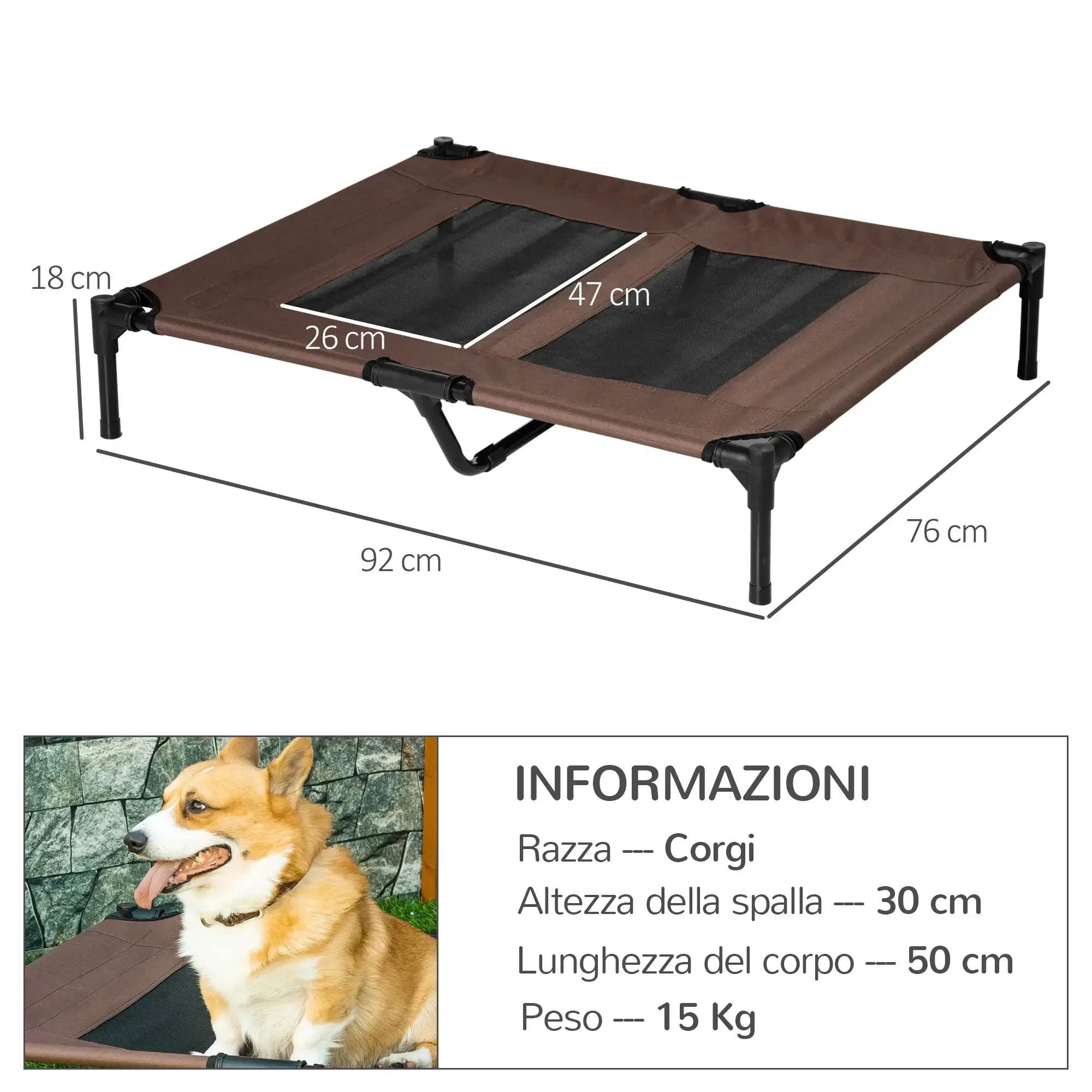 Dog Bed in Metal and Breathable Oxford Fabric, 92x76x18 cm Brown and Black - Image 3