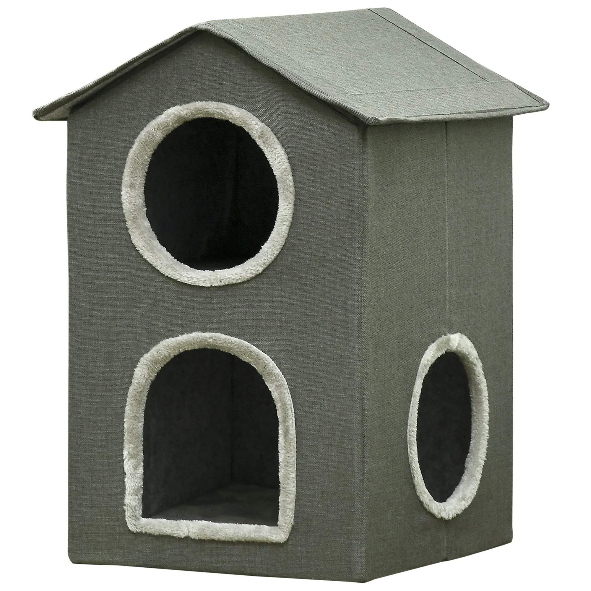 Two Level Cat House with Washable Cushions 3 Entrances, 42x46x59.5 cm, Grey
