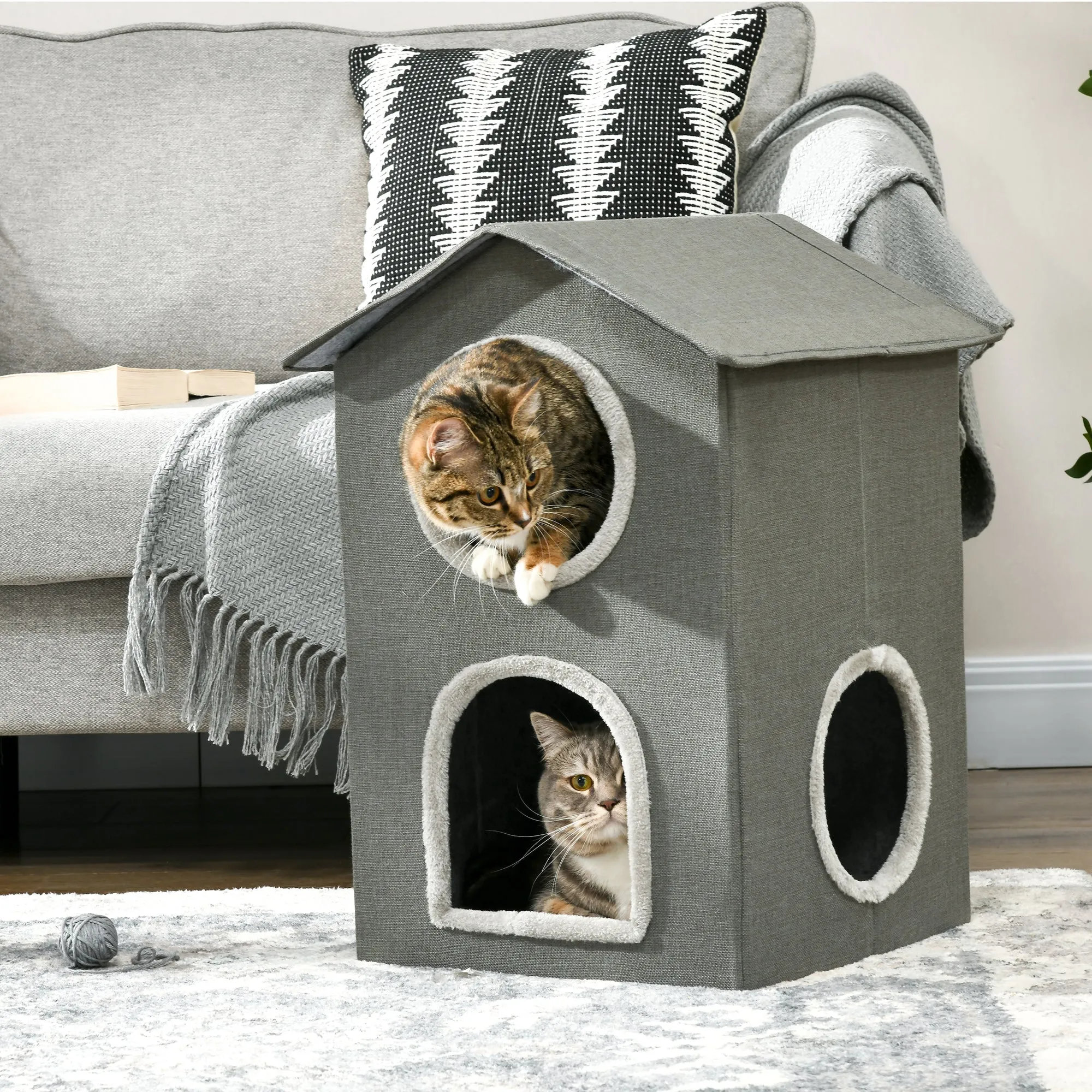 Two Level Cat House with Washable Cushions 3 Entrances, 42x46x59.5 cm, Grey - Image 2