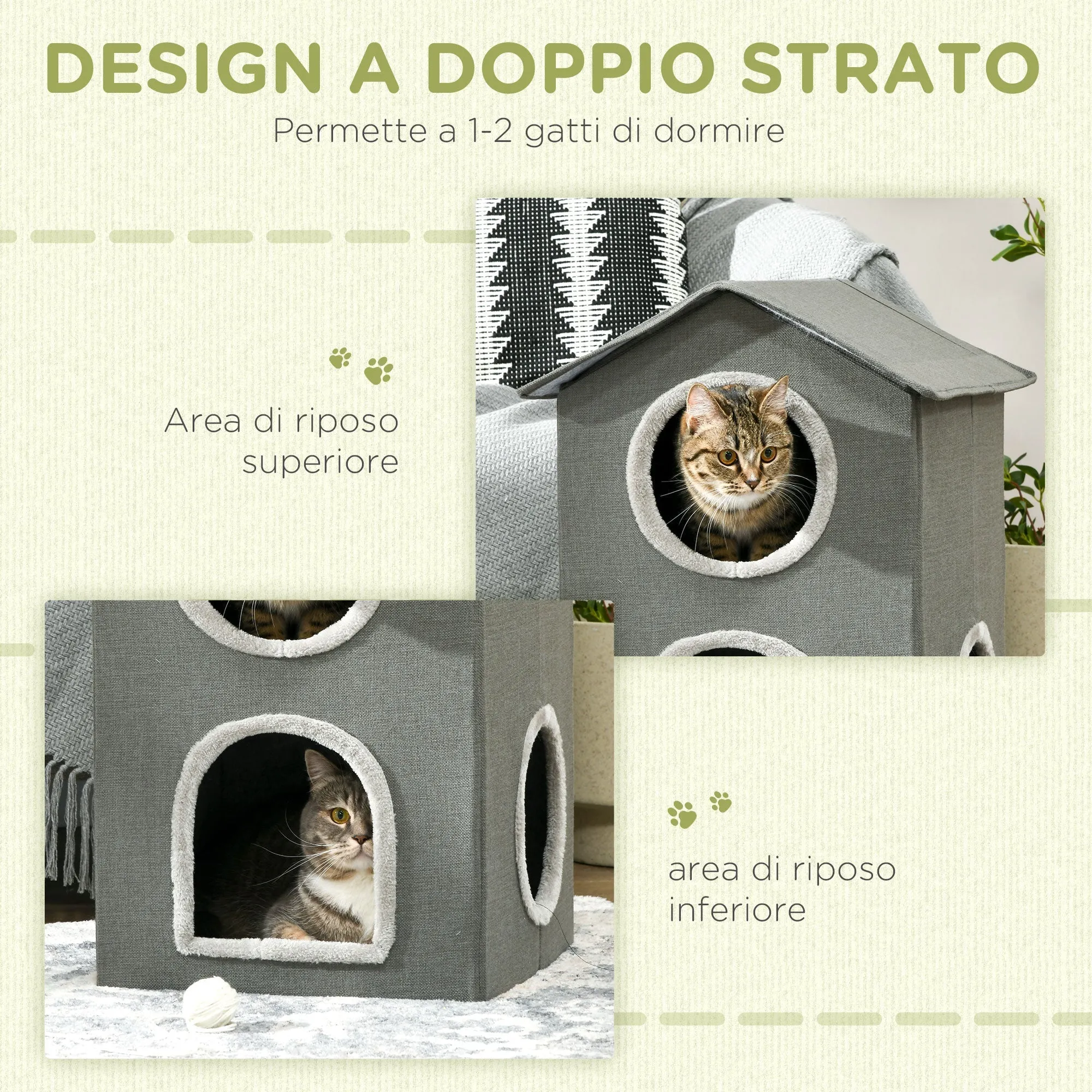 Two Level Cat House with Washable Cushions 3 Entrances, 42x46x59.5 cm, Grey - Image 3