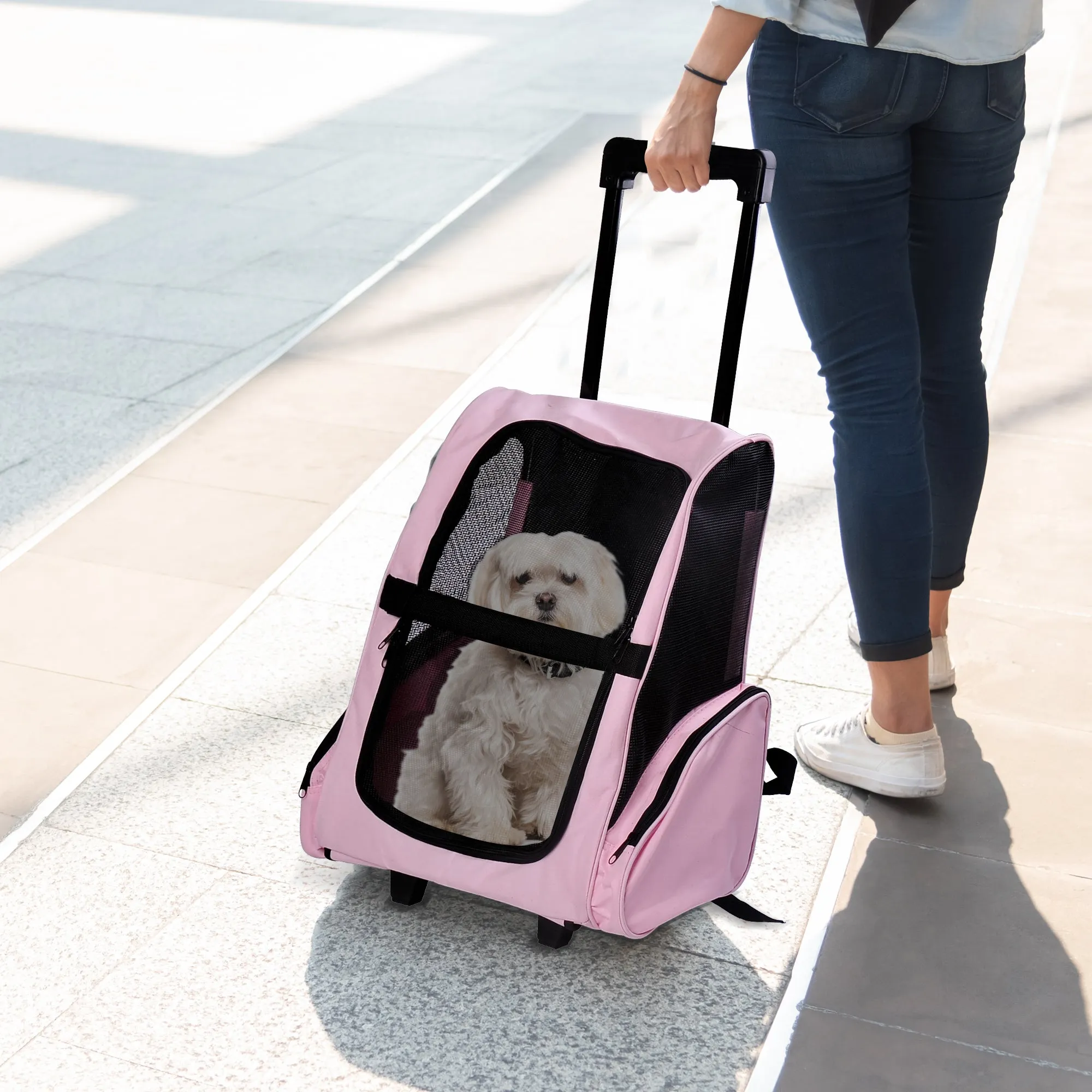 2 in 1 Dog and Cat Carrier Backpack with Side Pockets, Telescopic Handle and Wheels, 42x25x55cm, Pink - Image 2