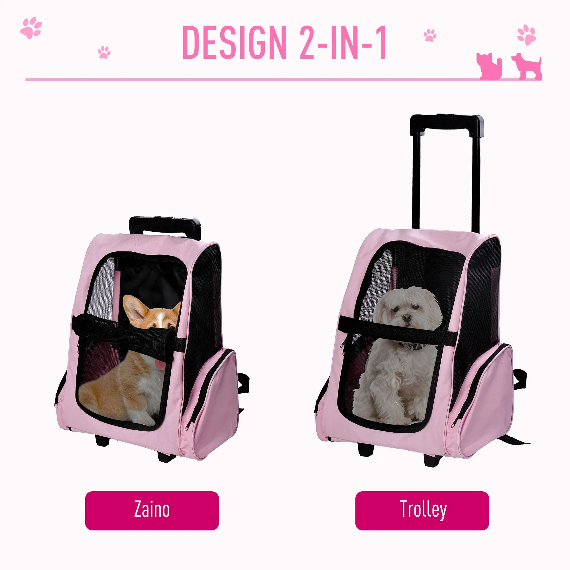2 in 1 Dog and Cat Carrier Backpack with Side Pockets, Telescopic Handle and Wheels, 42x25x55cm, Pink - Image 3