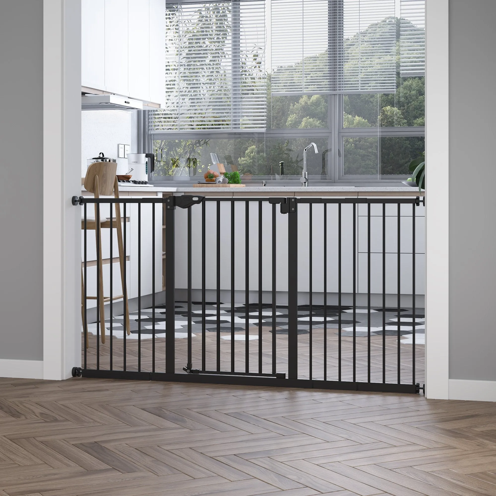 Dog Gate for Pets 3 Extensions Adjustable Width Up to 147.5cm Automatic Closing, Black - Image 2