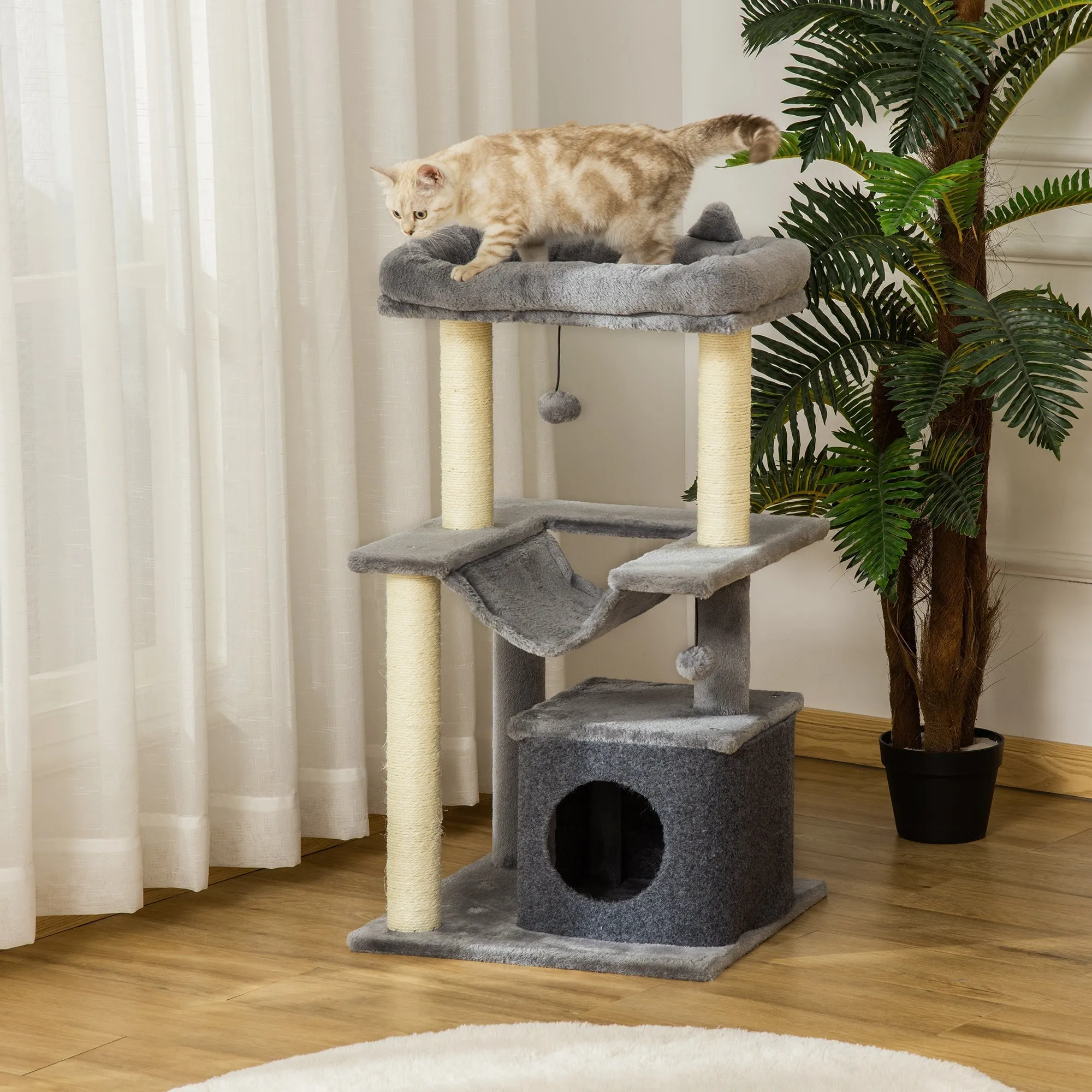 Cat Tree for cats with Scratch Pole and Hammock height 100cm - Grey - Image 2