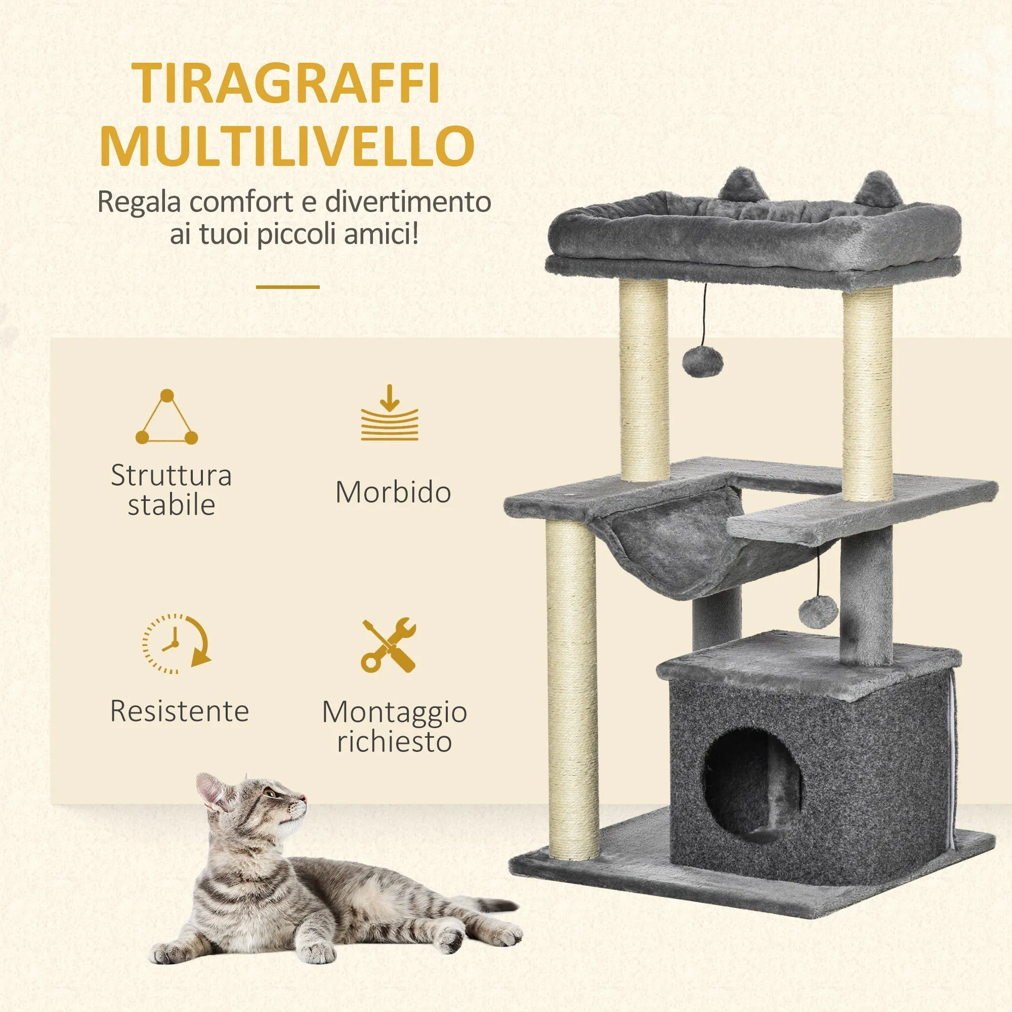 Cat Tree for cats with Scratch Pole and Hammock height 100cm - Grey - Image 3