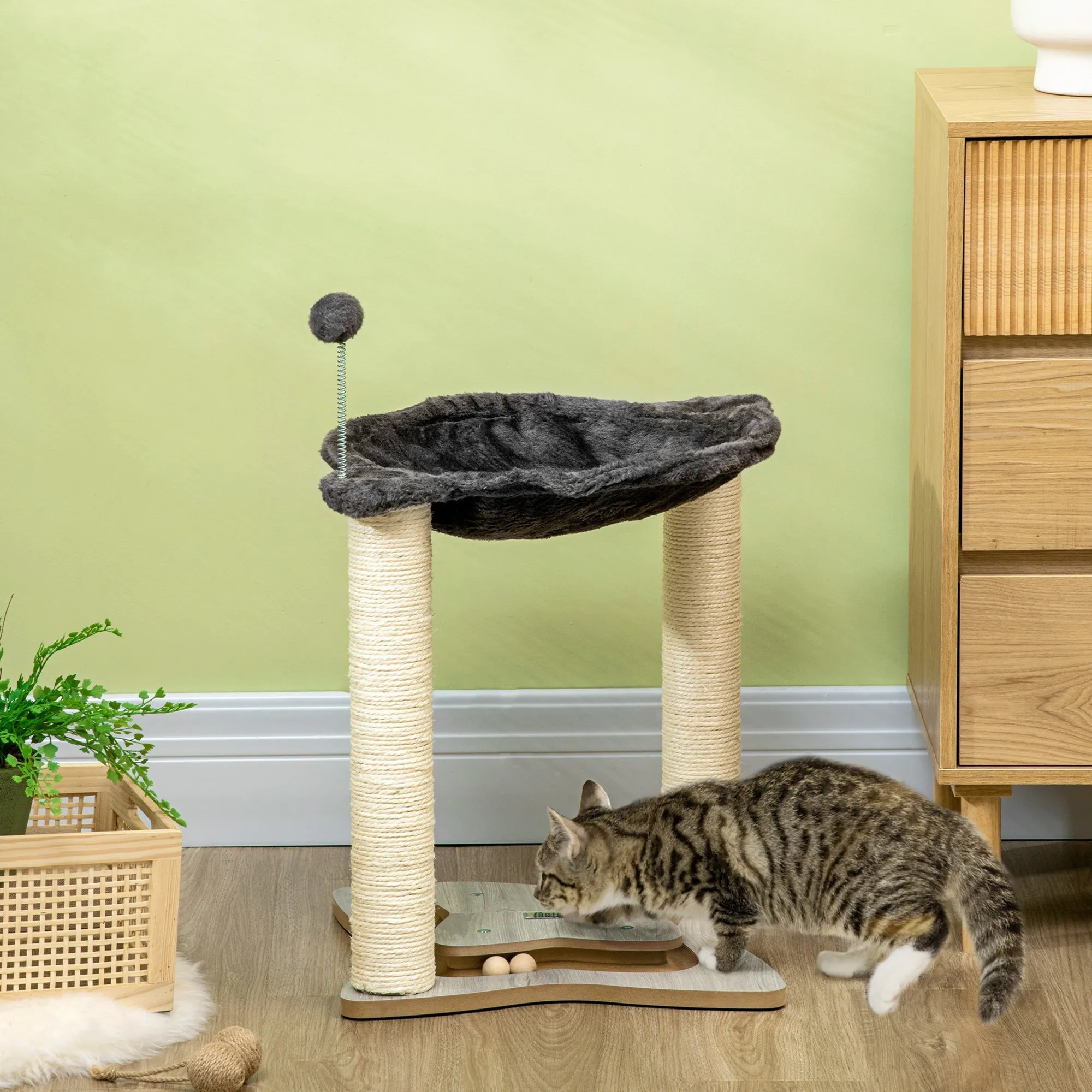 Cat Scratching Post with Plush Hammock, Wooden Base with Toy and Sisal Poles, 53.55x53. 5x66cm, Grey - Image 2