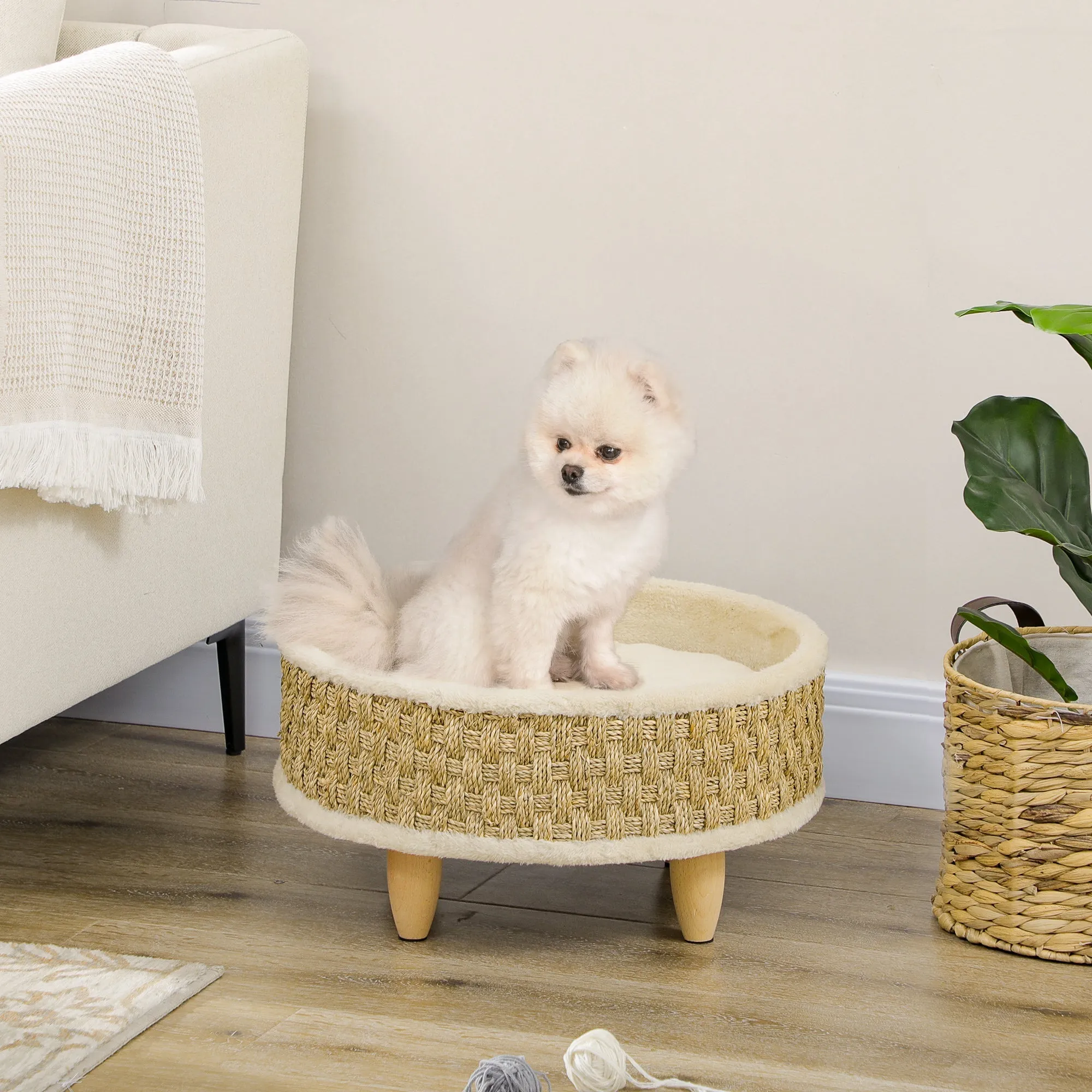 Bed for Small Dogs and Cats in Chipboard with Raised Bottom and Cushion, Ø48x24.5 cm - Image 2