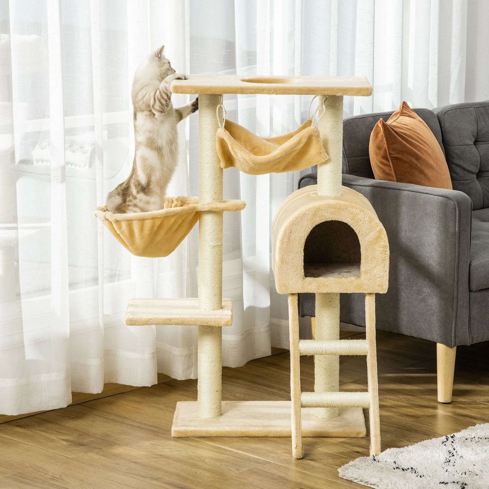 Cat Tree for cats with Scratch Pole , Natural Sisal strings, 55 × 30 × 100cm - Image 2