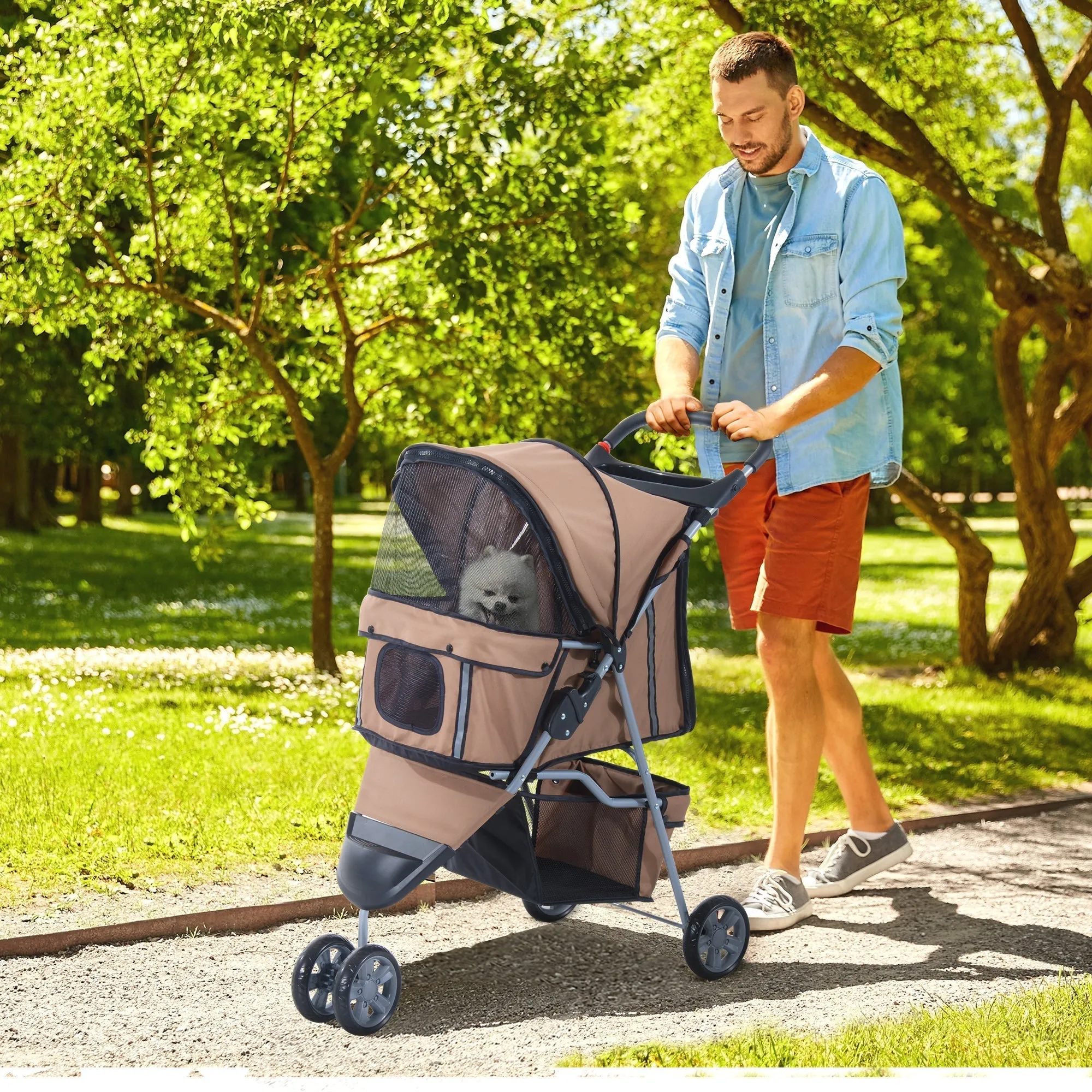 Folding Dog Stroller for Small Dogs, Dog Pushchair with Braked Wheels, Cup Holder, Storage Basket and Removable and Washable Padding, for Pets up to 10 kg, Coffee - Image 2