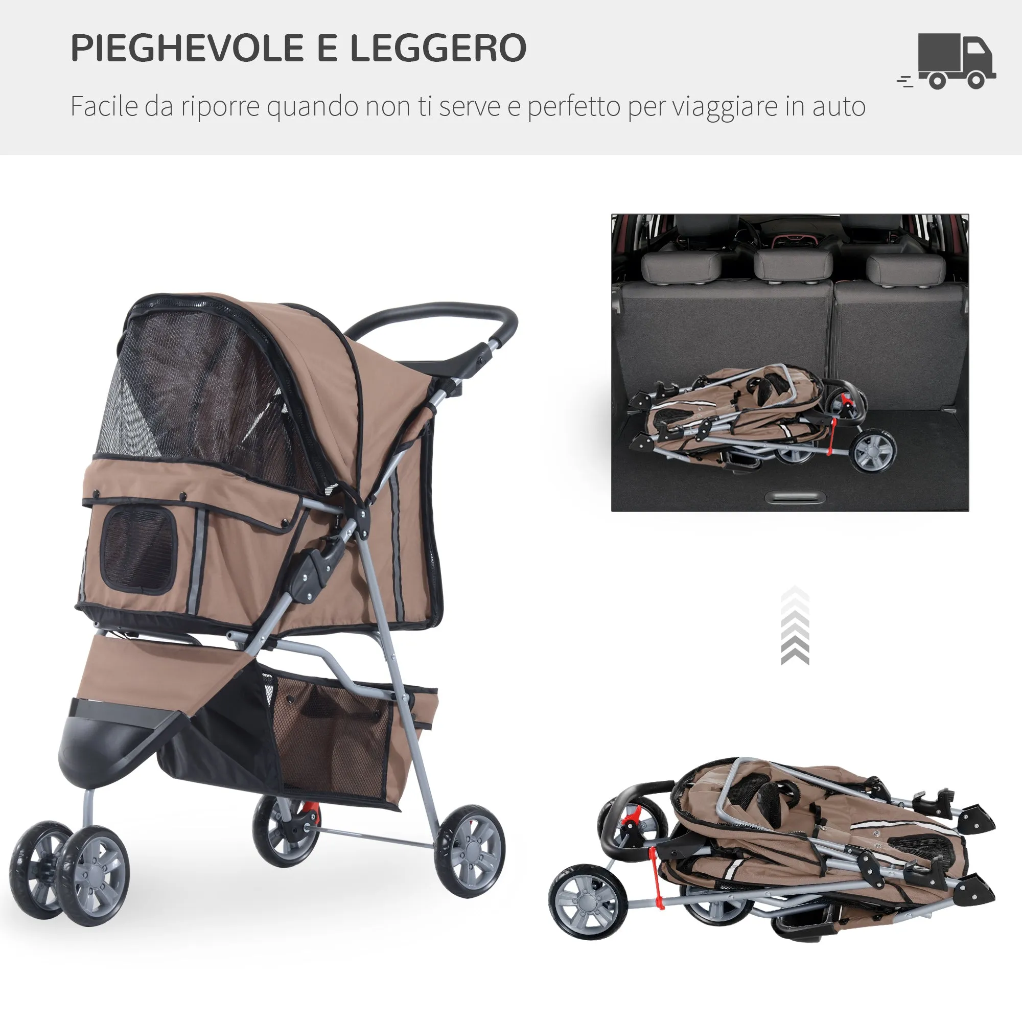 Folding Dog Stroller for Small Dogs, Dog Pushchair with Braked Wheels, Cup Holder, Storage Basket and Removable and Washable Padding, for Pets up to 10 kg, Coffee - Image 3