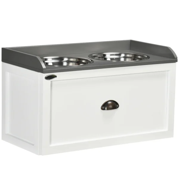 Stainless Steel and Wood Raised Dog Bowls with Drawer, 60x30x36cm, White and Grey