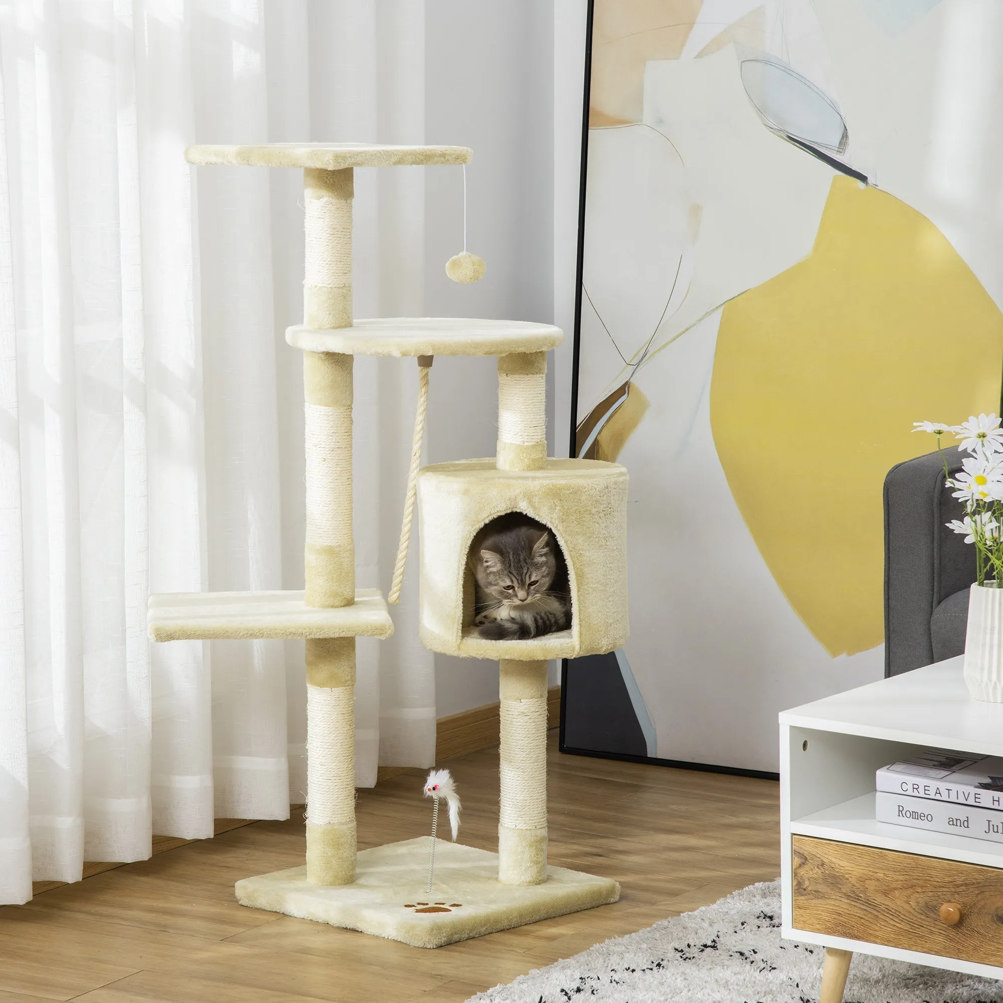 Cat Tree for cats with Scratch Pole with 4 levels with toys, beige, 75x40x112cm - Image 2