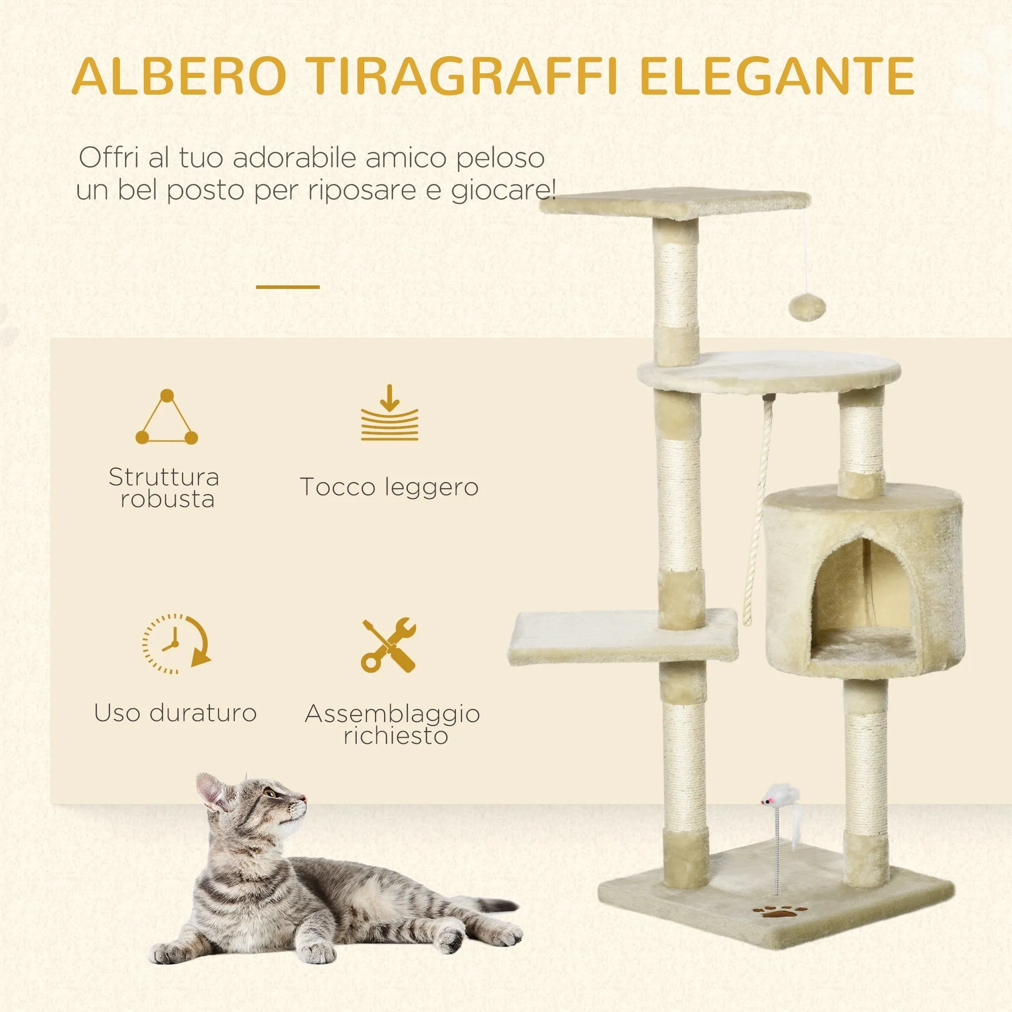 Cat Tree for cats with Scratch Pole with 4 levels with toys, beige, 75x40x112cm - Image 3