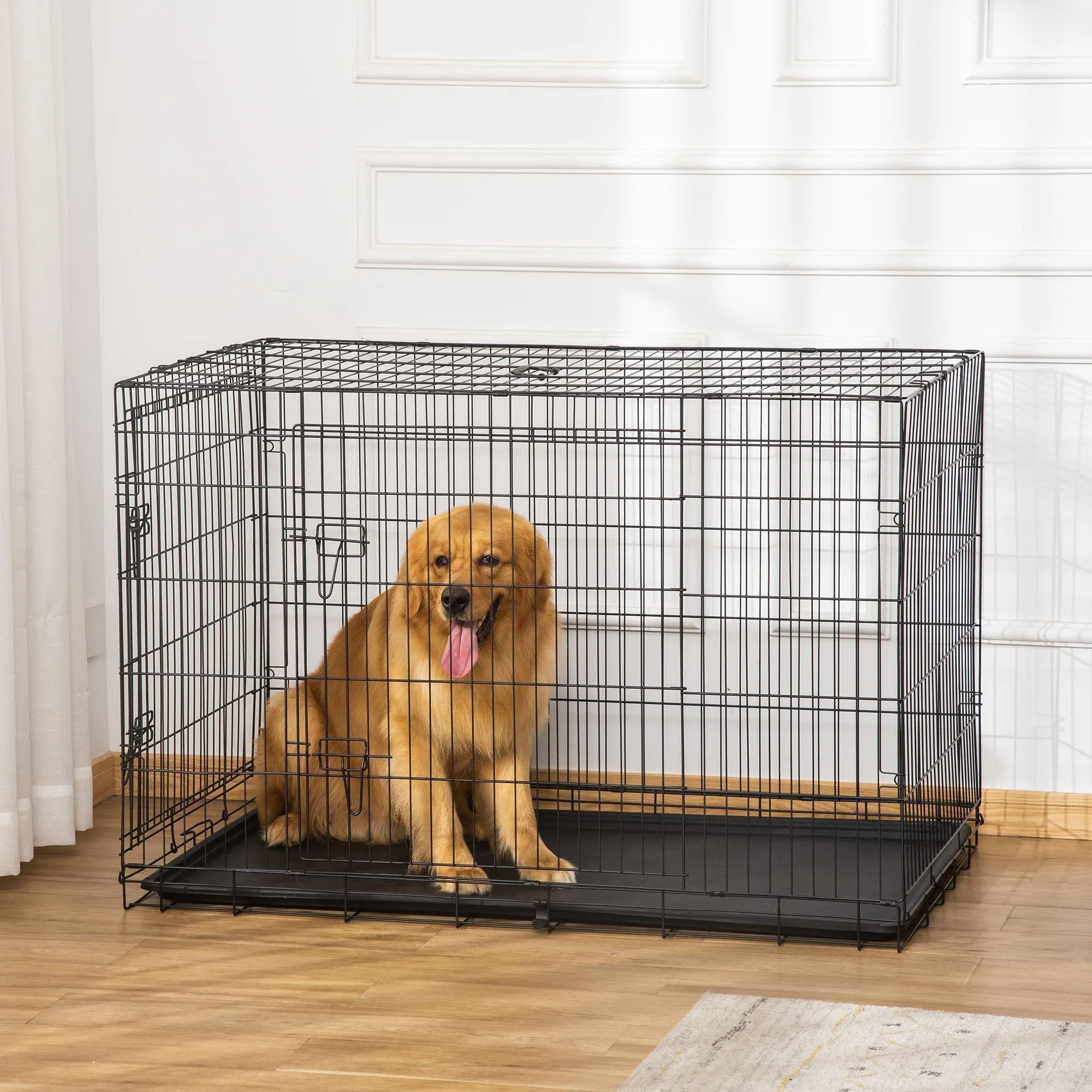Pet Cage Foldable Steel Double Opening Dog and Cat Carrier, 121x77x82cm, Black - Image 2