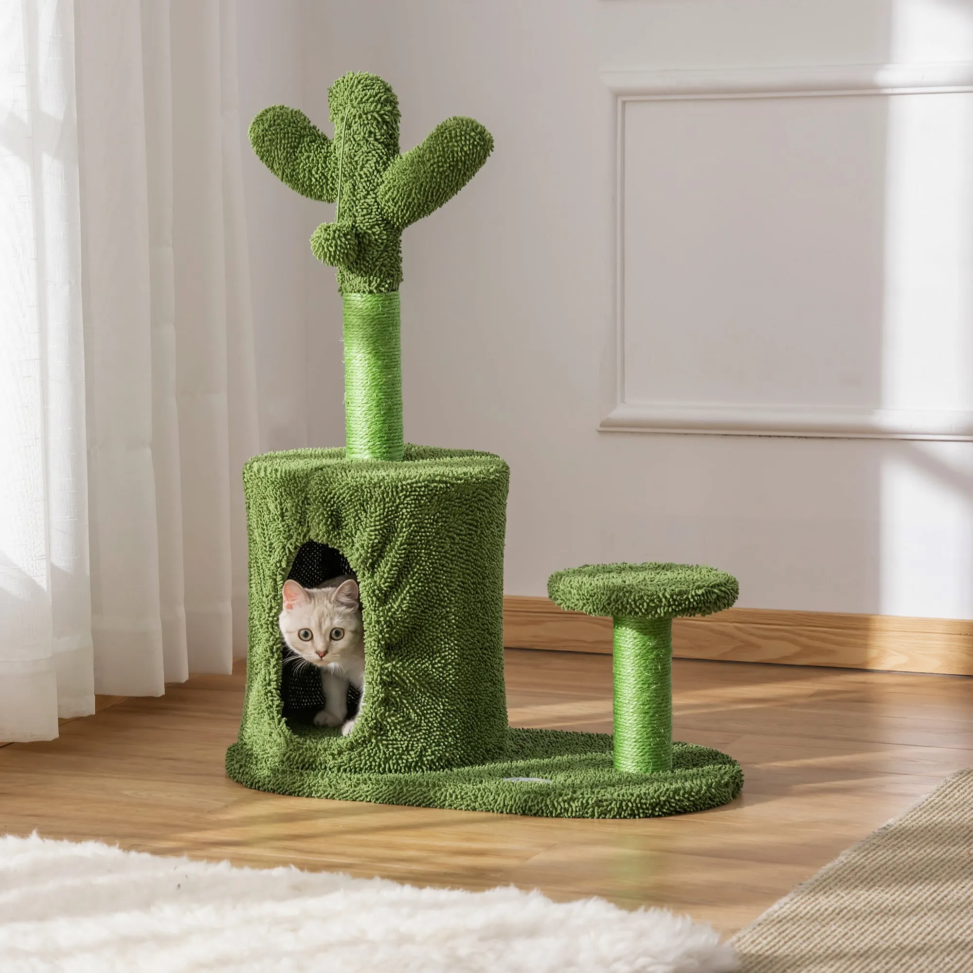 Cat Tree for cats with Scratch Pole up to 4.5kg in the shape of cactus with balls and Bed, 60x35x78cm - green - Image 2
