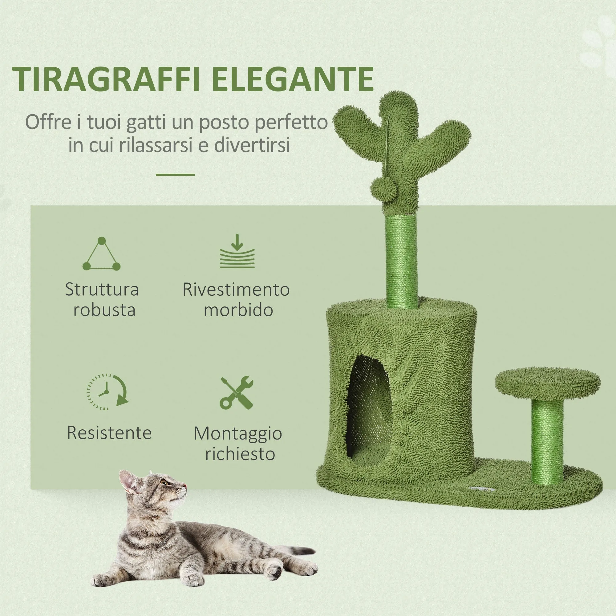 Cat Tree for cats with Scratch Pole up to 4.5kg in the shape of cactus with balls and Bed, 60x35x78cm - green - Image 3