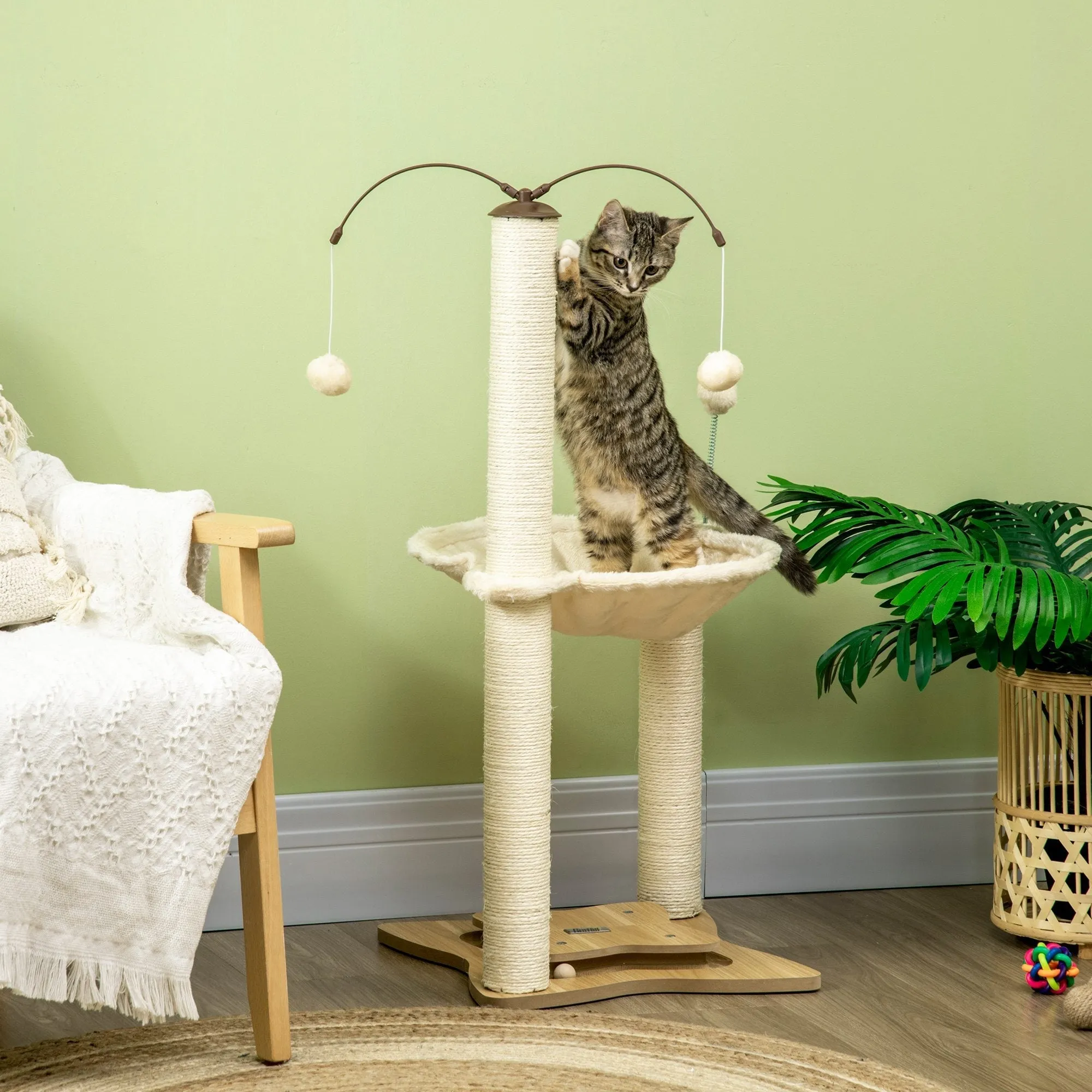 Cat Tree Scratching Post for Cats max 5kg with Hammock, Play Balls and Sisal Posts, 53.5x53. 5x90 cm, Beige - Image 2