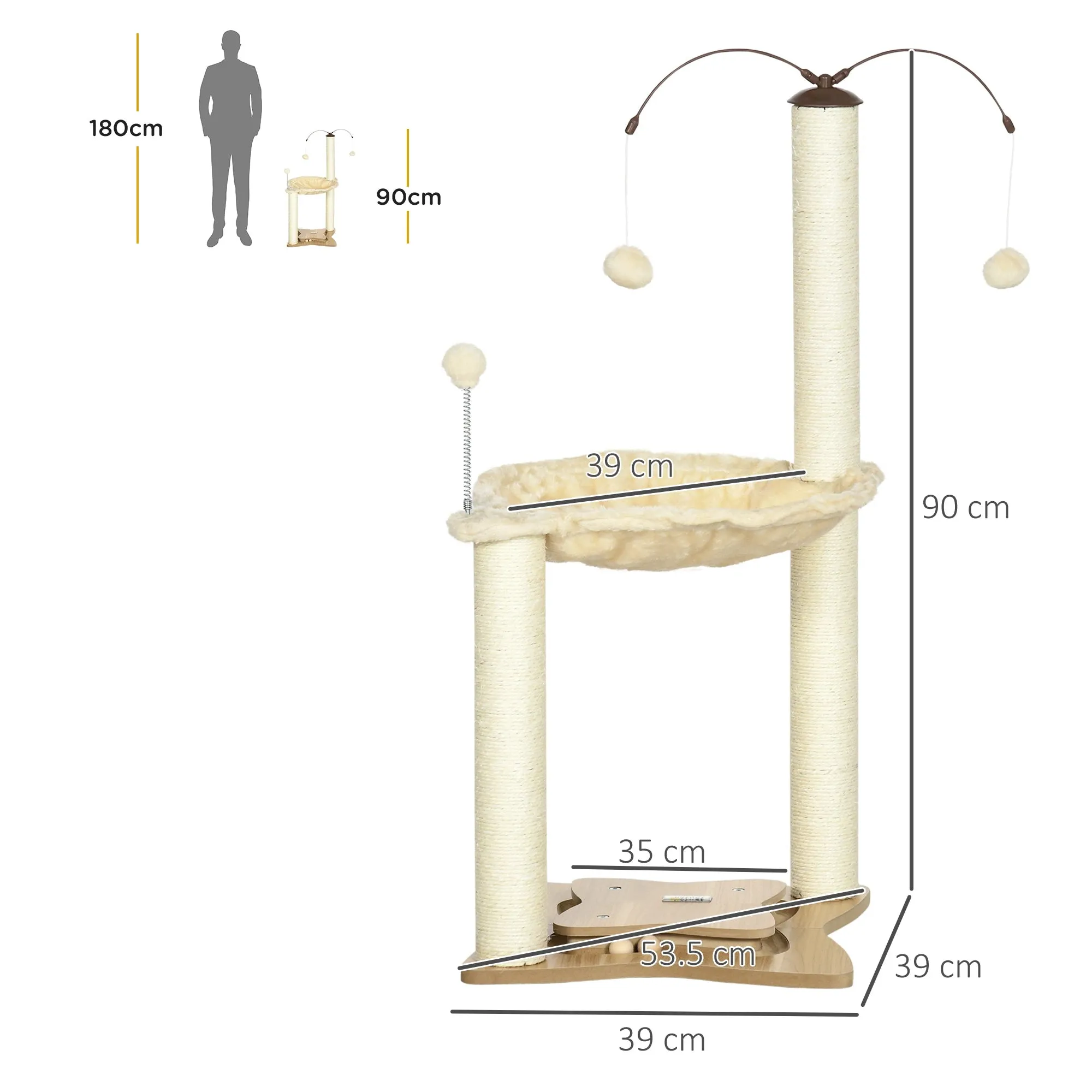 Cat Tree Scratching Post for Cats max 5kg with Hammock, Play Balls and Sisal Posts, 53.5x53. 5x90 cm, Beige - Image 3